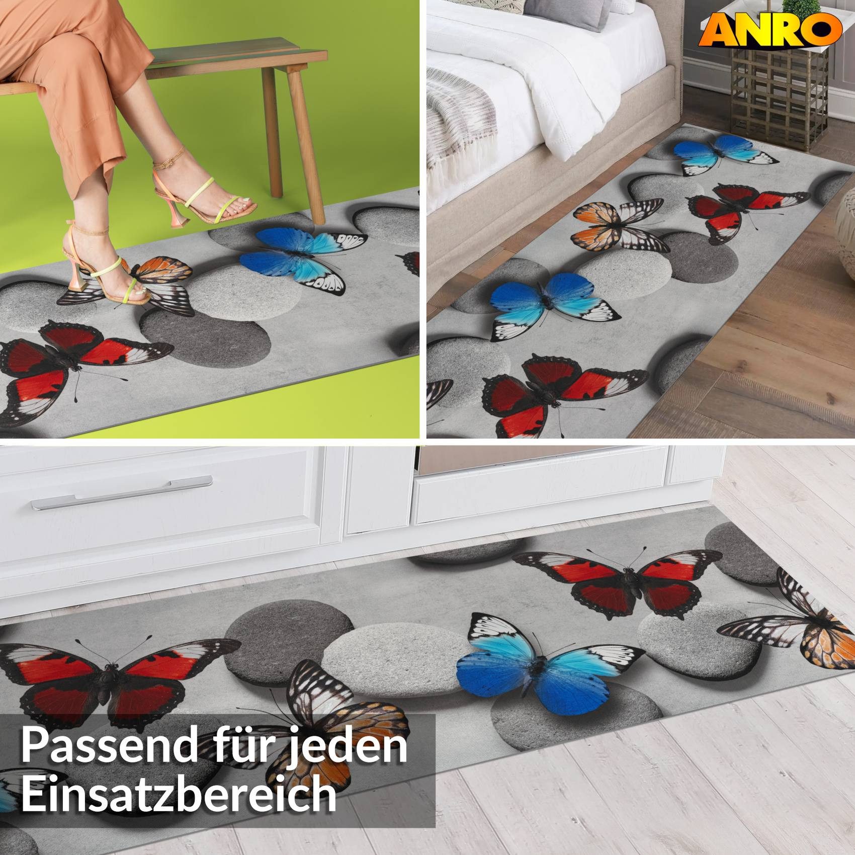 ANRO Küchenläufer LUIGI Schmetterlinge pflegeleicht hochwertig Flurläufer Küchenteppich, eckig, Höhe: 3 mm, Teppichläufer 100cm Natur Bunt wasserdicht – Bild 3 von 5