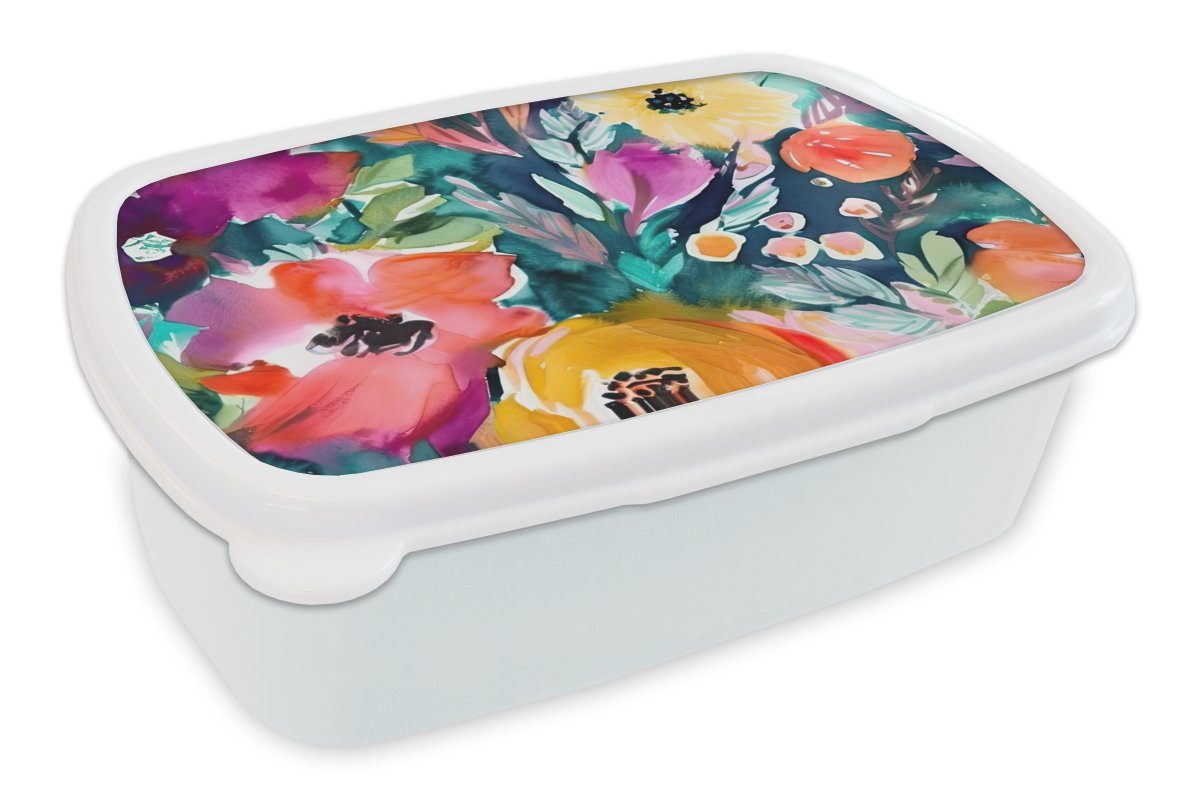 MuchoWow Lunchbox Blumen - Ölfarbe - Kunst - Natur, Kunststoff, (2-tlg), Brotbox für Kinder und Erwachsene, Brotdose, für Jungs und Mädchen weiß