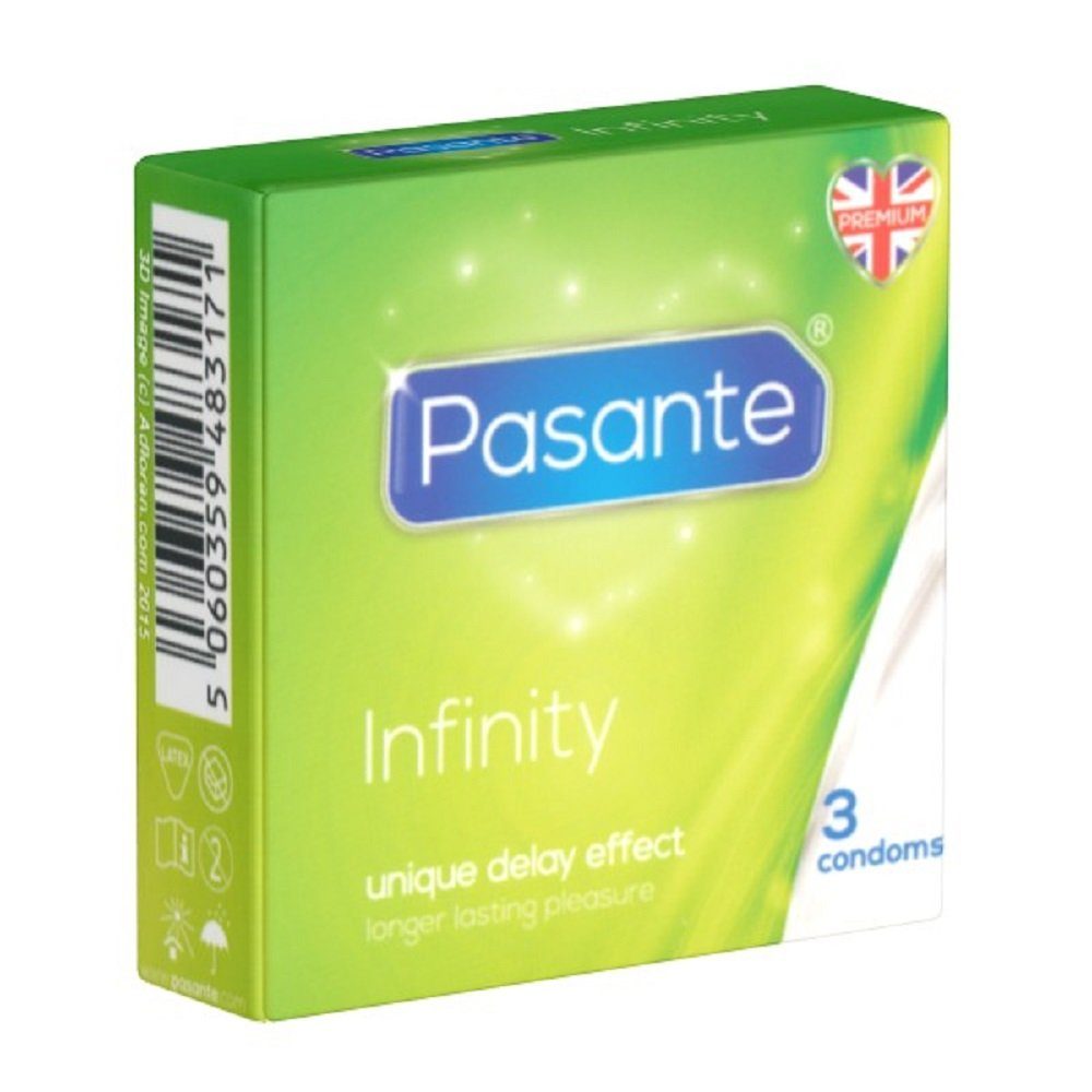Pasante Презервативы Infinity (Delay) aktverlängernde Spezial-Kondome Packung mit, 3 St., länger durchhalten, optimale Befriedigung