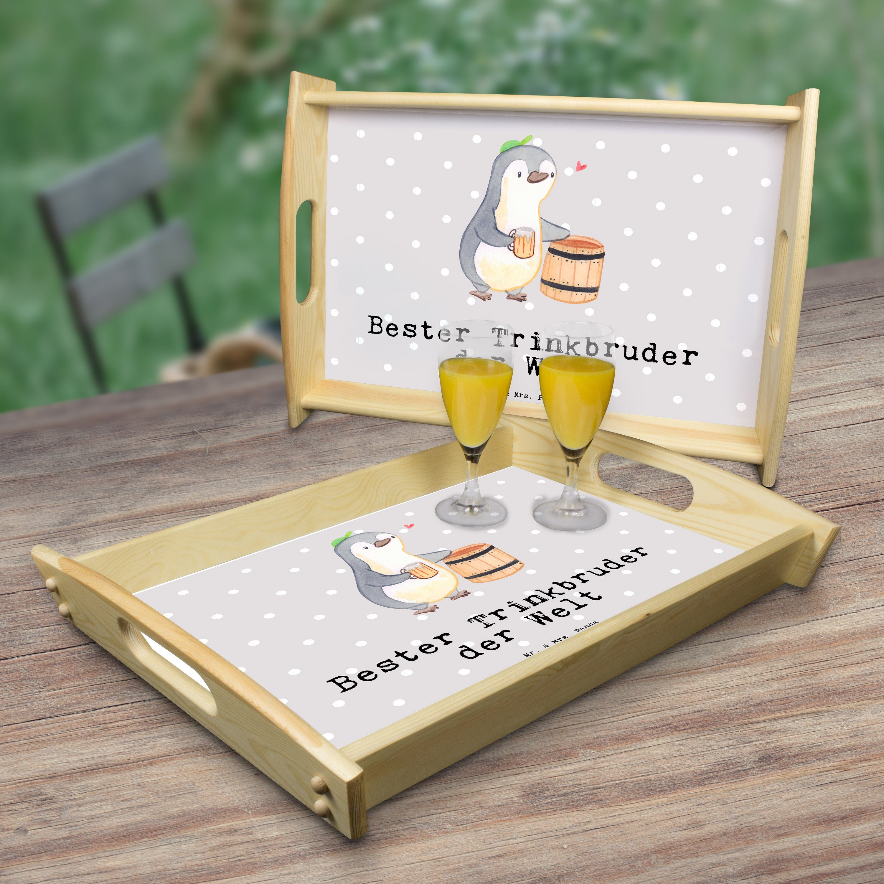 Bester Tablett Pastell Echtholz Grau Welt - lasiert, Mrs. Geschenk, Geburt, (1-tlg) & Panda der Pinguin Mr. Trinkbruder -
