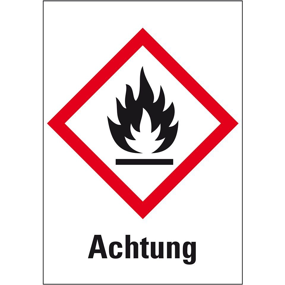 Hinweisschild Gefahrensymbol Flamme GHS02, Achtung, Folie, 37x52mm, 500/Rolle