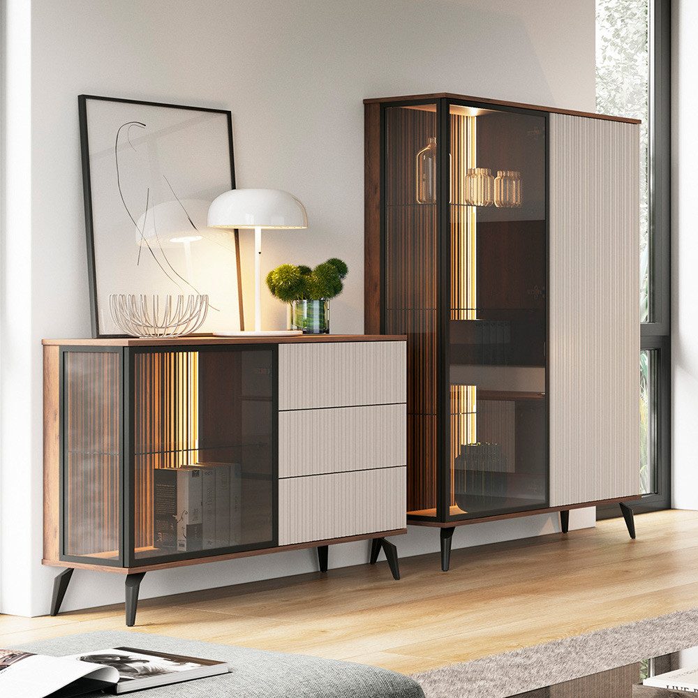 Lomadox Wohnzimmer-Set VIC-160, (Mega-Spar-Set, 2-St., Lowboard Kommode Highboard), Eiche Kaschmir Beige Rillen inkl. Beleuchtung Metallfüße Push-to-open