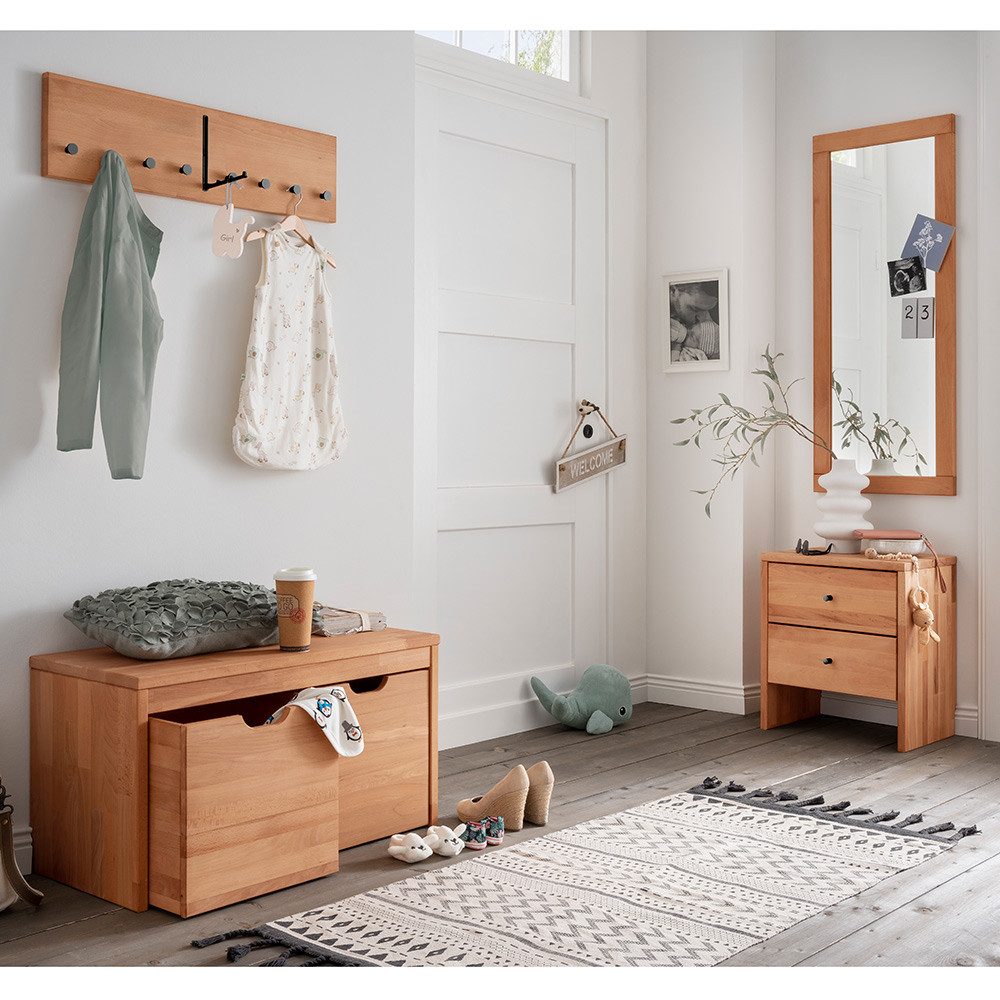 Lomadox Garderoben-Set CUENCA-137, (Spar-Set, 4-St), Buche massiv, Flurbank, Garderobenpaneel, Spiegel, Kommode