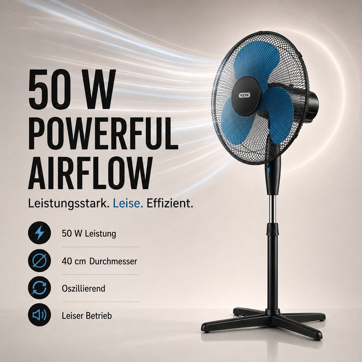 Ertex Standventilator Ventilator Standventilator Turm 50W, 40 cm, Höhe 135 cm, BLACK BLUE