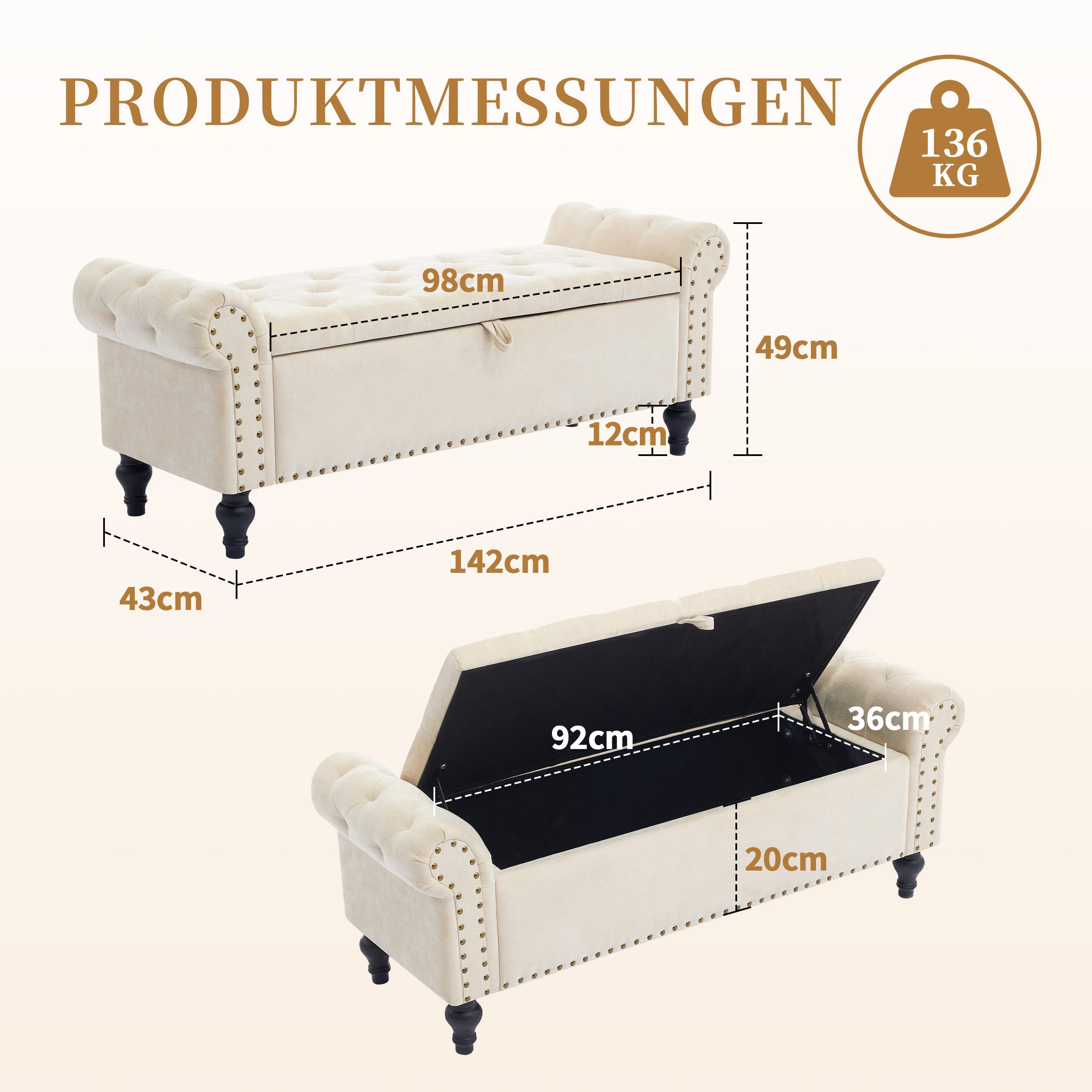 Howjoe Sitzbank Mit Stauraum, Belastbar Bis 136 Kg, Aufbewahrungsbox -130*44.5*51cm (1-St), Sitzbox, Polsterhocker Für Wohnzimmer Schlafzimmer Flur