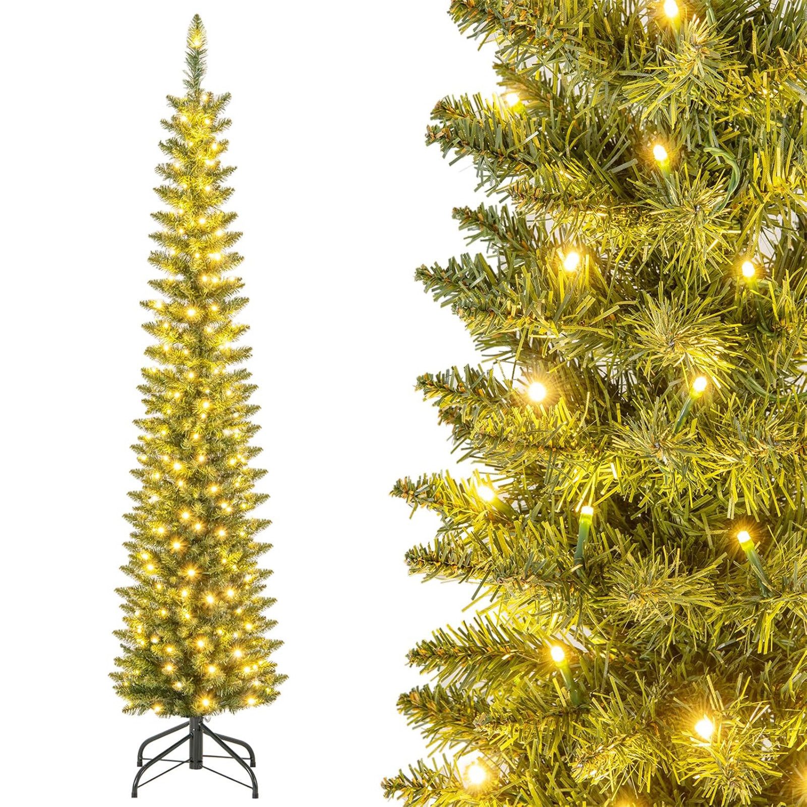 COSTWAY Künstlicher Weihnachtsbaum, 180cm Bleistift Tannenbaum mit 180 LEDs