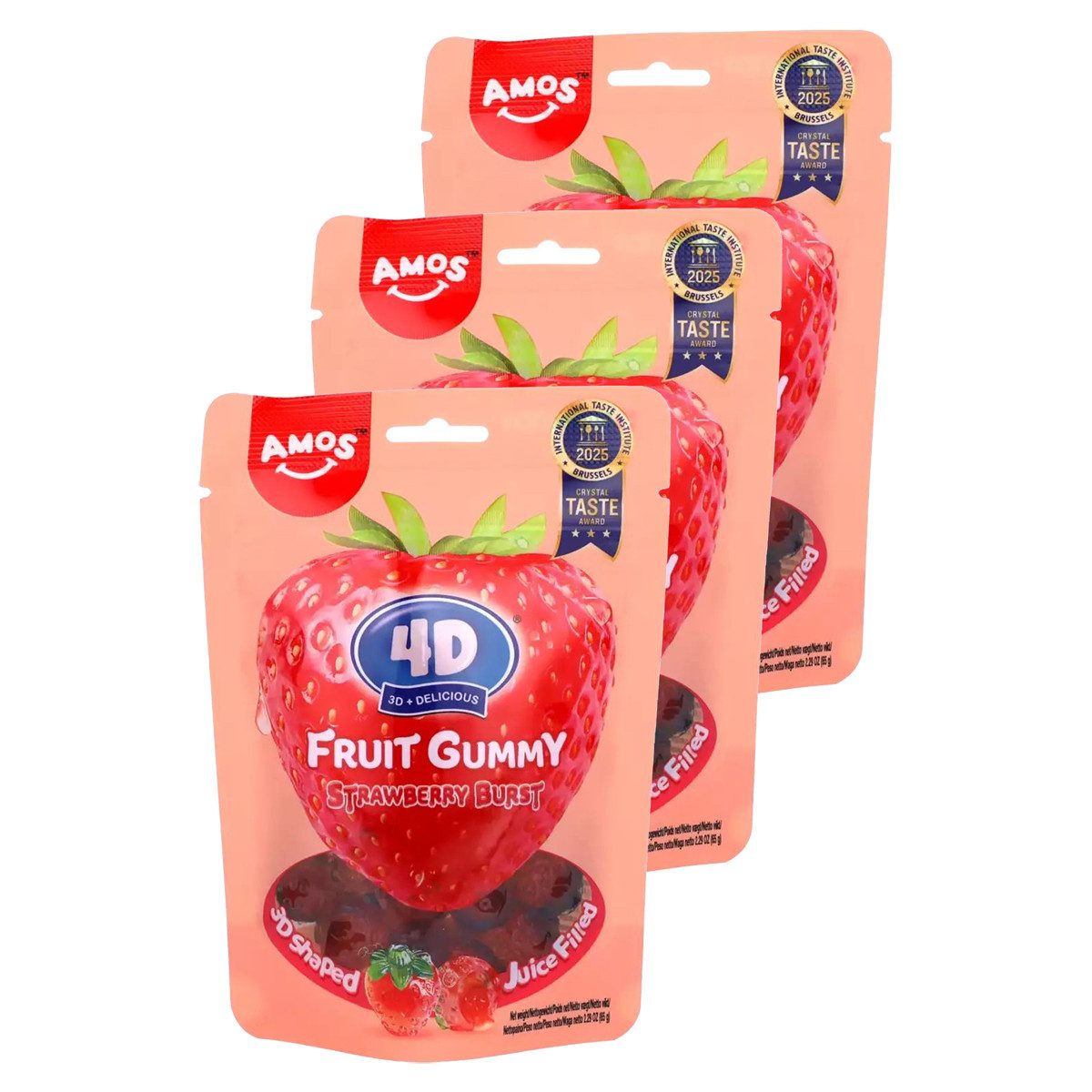 AMOS Süßigkeit, Amos Peelerz 4D Strawberry Burst Gummy Fruchtgummi 65g 3er Pack