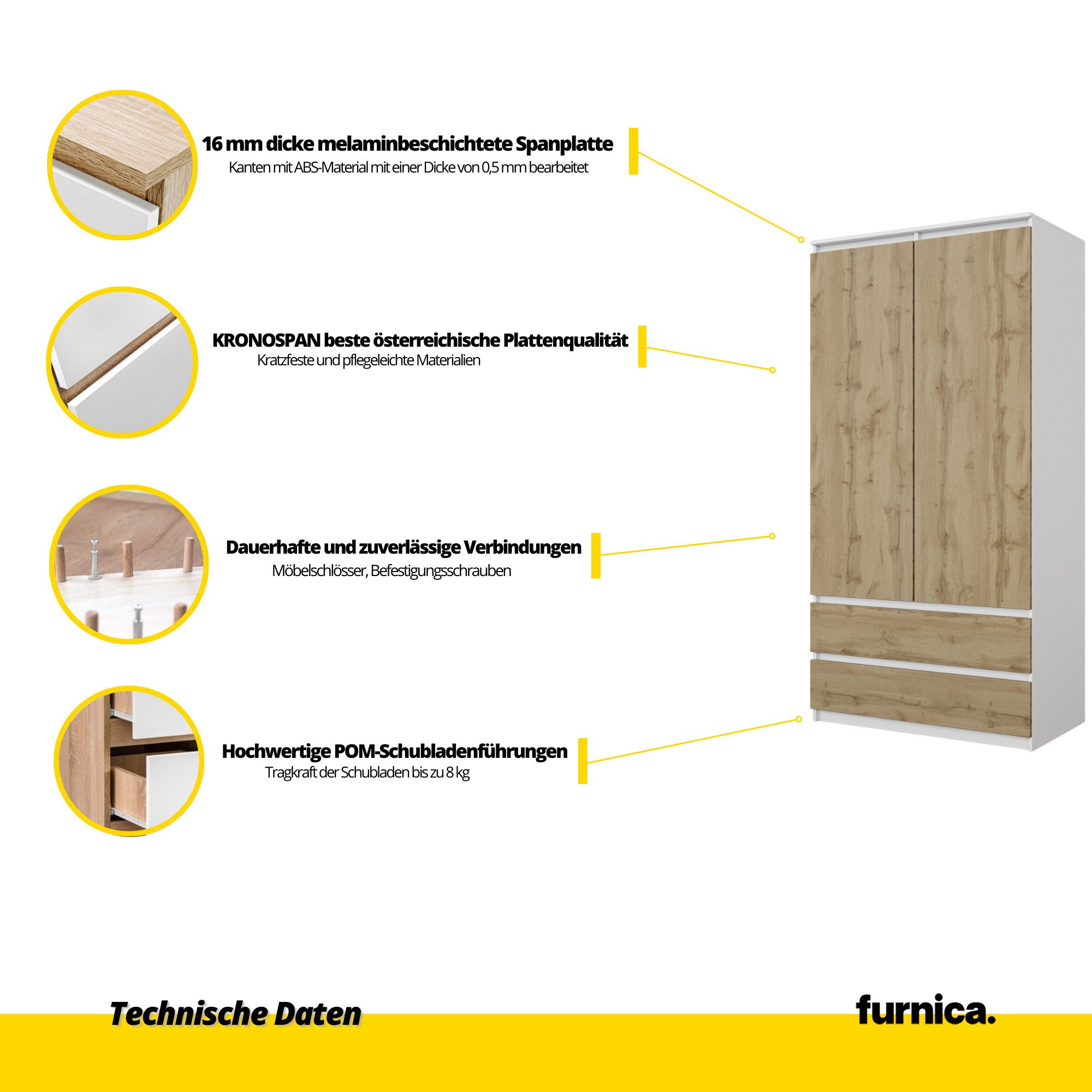 Furnica Kleiderschrank Garderobenschrank, 2 Türen und 2 Schubladen H180 x B90 x T50cm – Bild 5 von 5