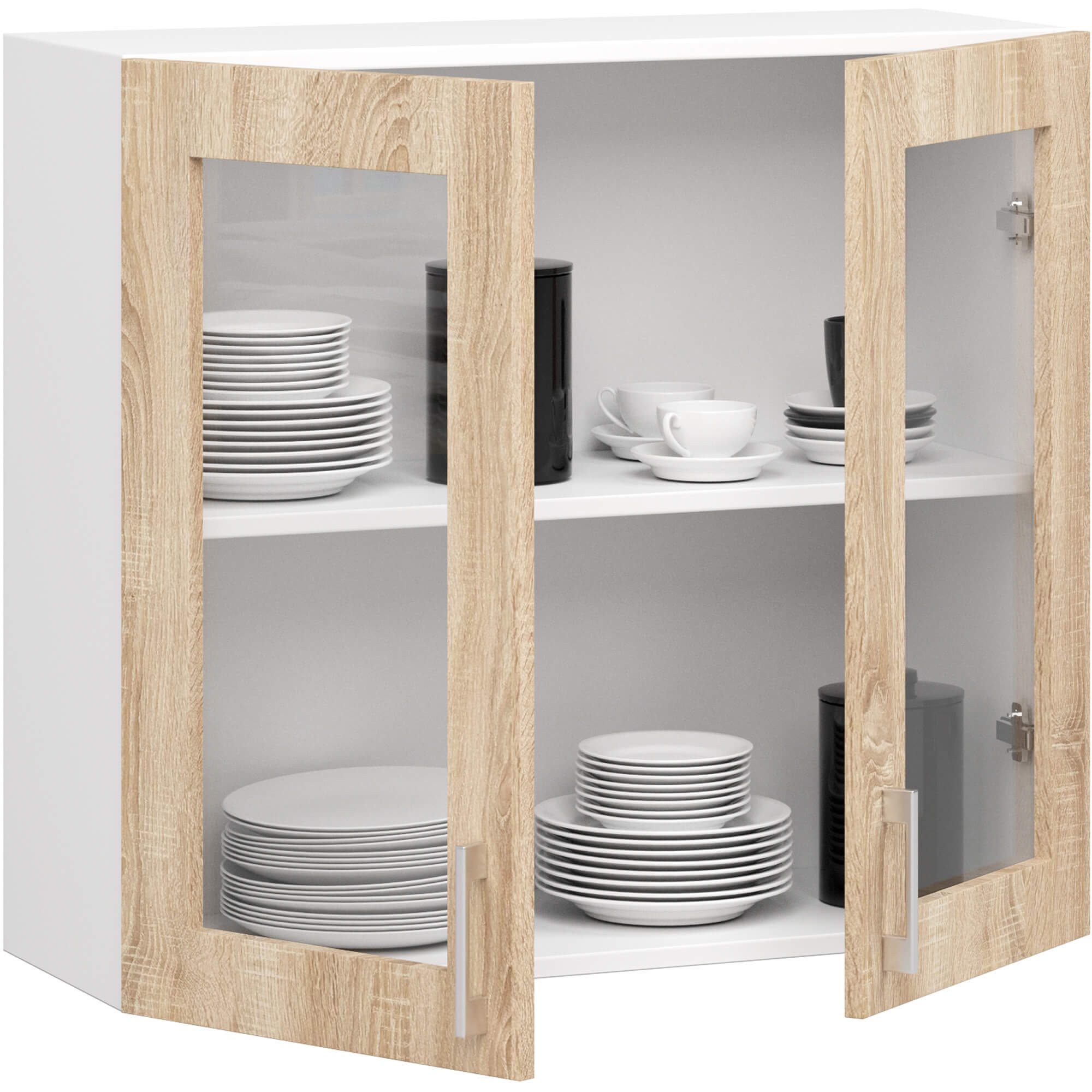 Raumhirsch Furniture Hängeschrank Eleganter Hängeschrank Küche - Funktionaler Wandschrank - Oberschrank Hochglanz weiß & Eiche-Dekor, 2 Türen, Soft-Close, 80 × 72 × 31 cm