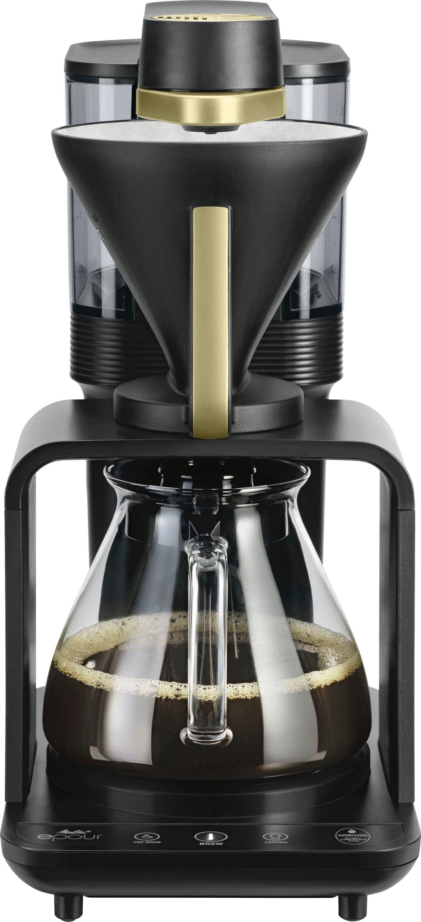 Melitta Filterkaffeemaschine epour® 1024-12, 1l Kaffeekanne, Papierfilter  1x4, Schwarz/Gold, Modernes Touchpanel (PRE BREW- Taste kann  Vorbrühfunktion aktivieren)