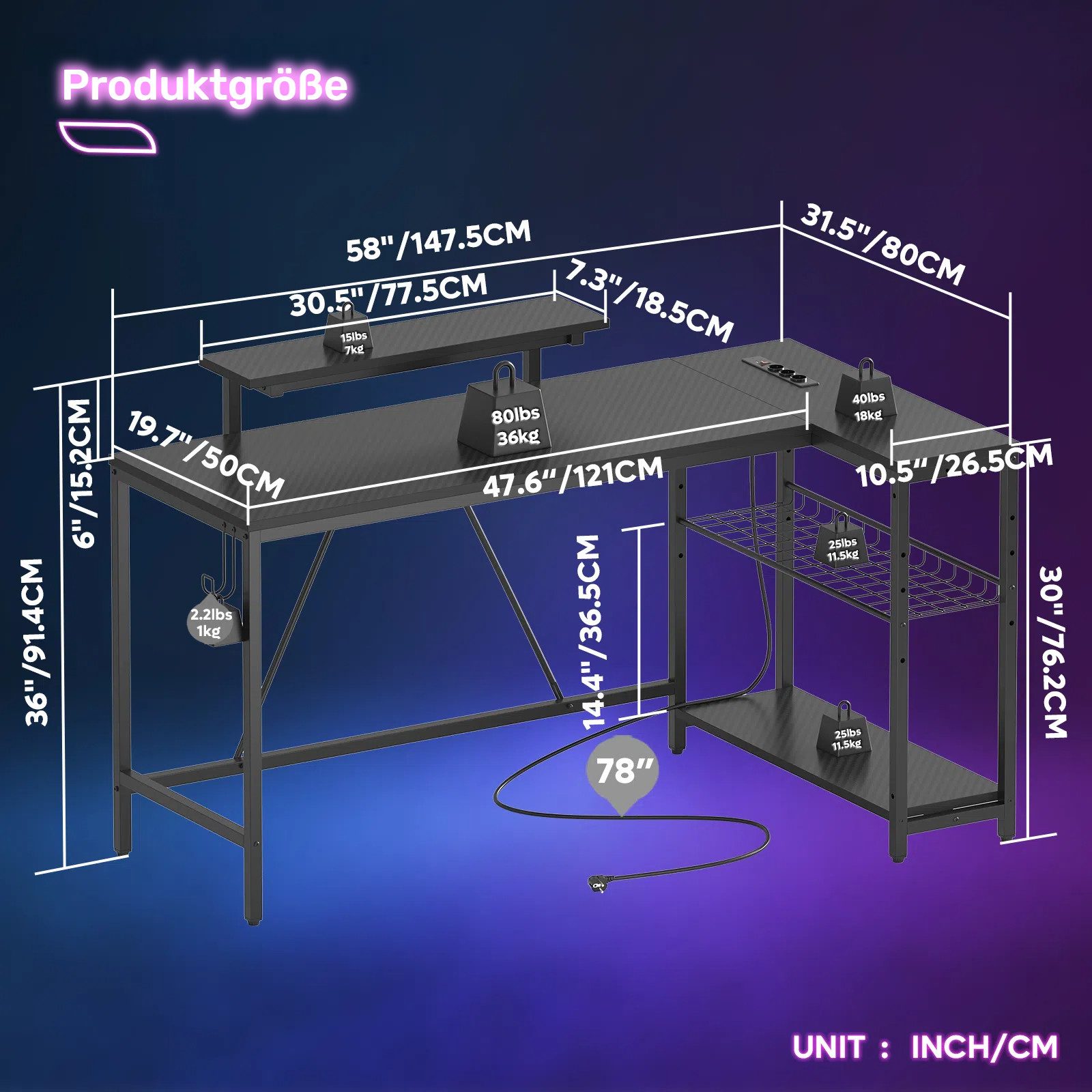 Bestier Gamingtisch Gaming-Schreibtisch L-Form mit LED, 106/133/147 × 50 cm günstig online kaufen