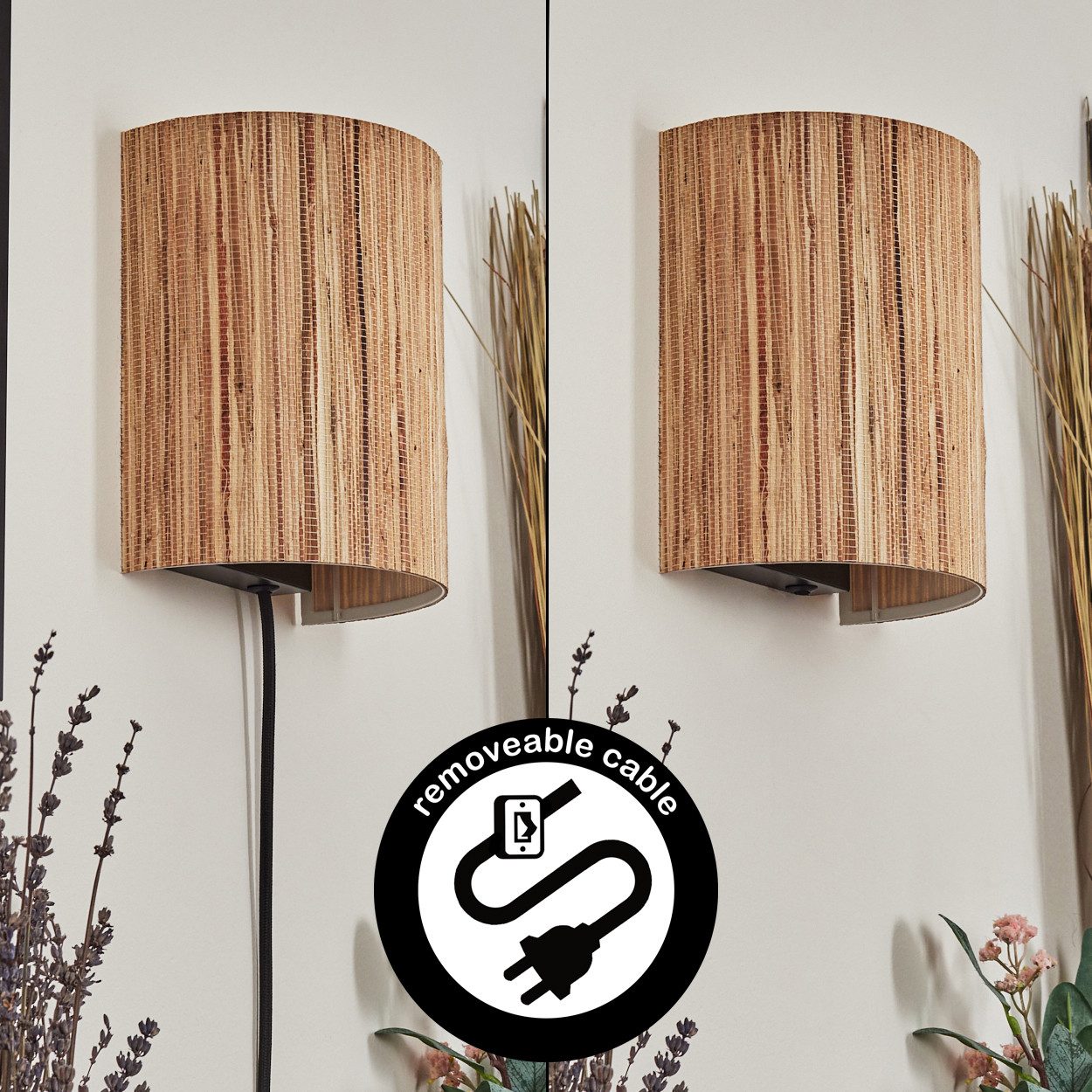 hofstein Wandleuchte Wandlampe aus Metall/Seegras in Schwarz/Natur, ohne Leuchtmittel, Wandleuchte m. Stecker/Schalter, Kabel, UP & Down Lichteffekt, 1 x E27