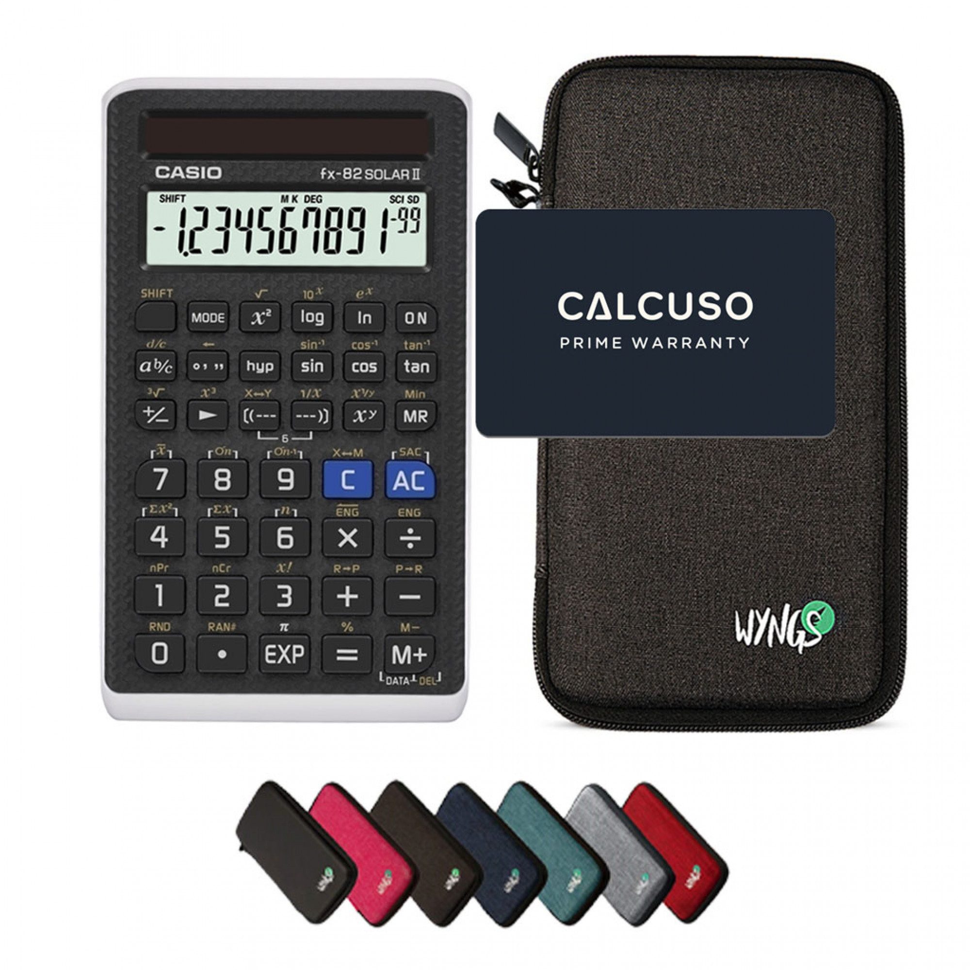 CASIO Taschenrechner Casio fx-82 Solar II inkl. WYNGS Schutztasche Dunkelgrau