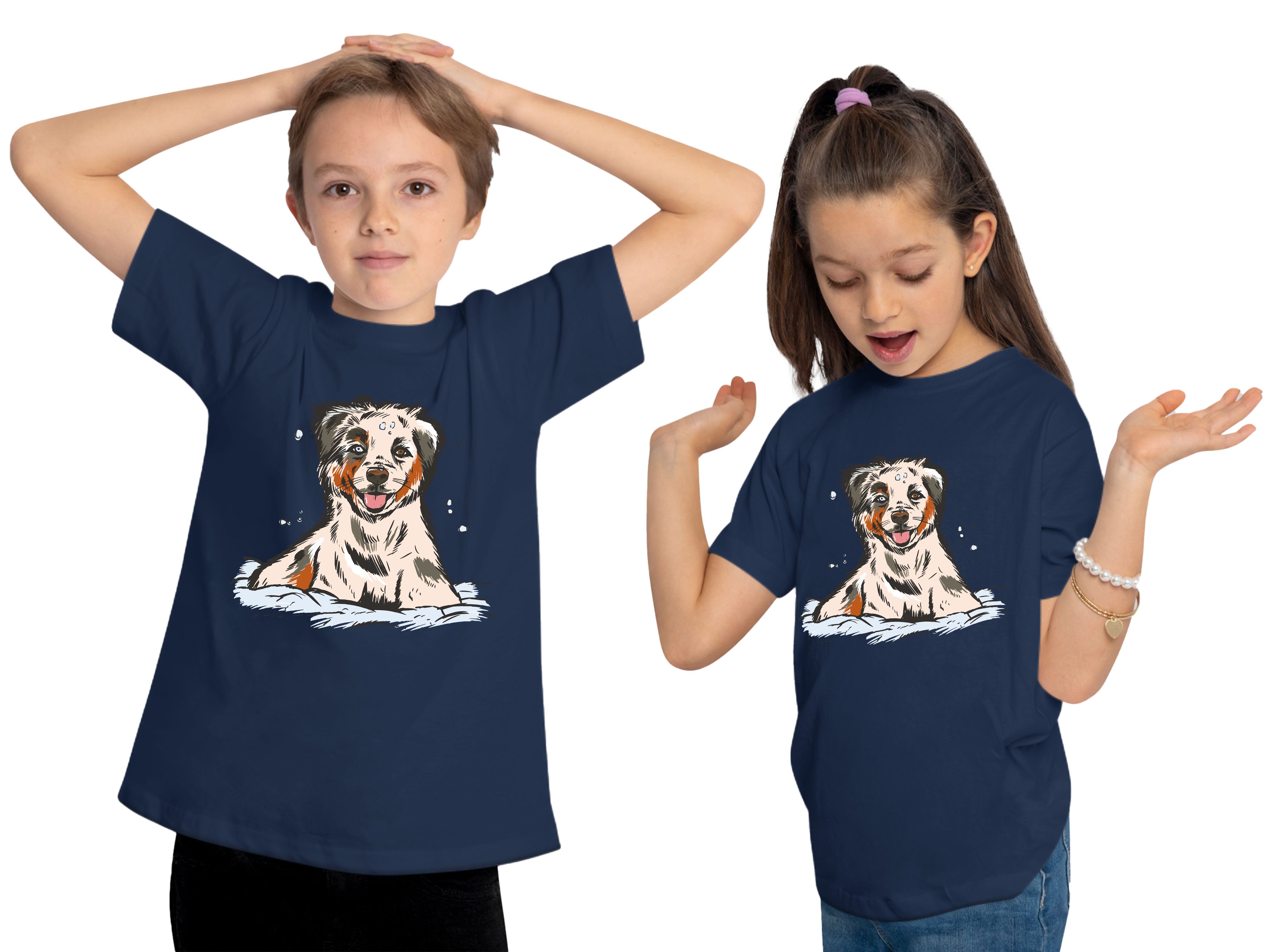 Kinder Print-Shirt Australian mit T-Shirt navy Aufdruck, i216 bedrucktes blau Jugend Welpe MyDesign24 Shepherd Hunde und Baumwollshirt