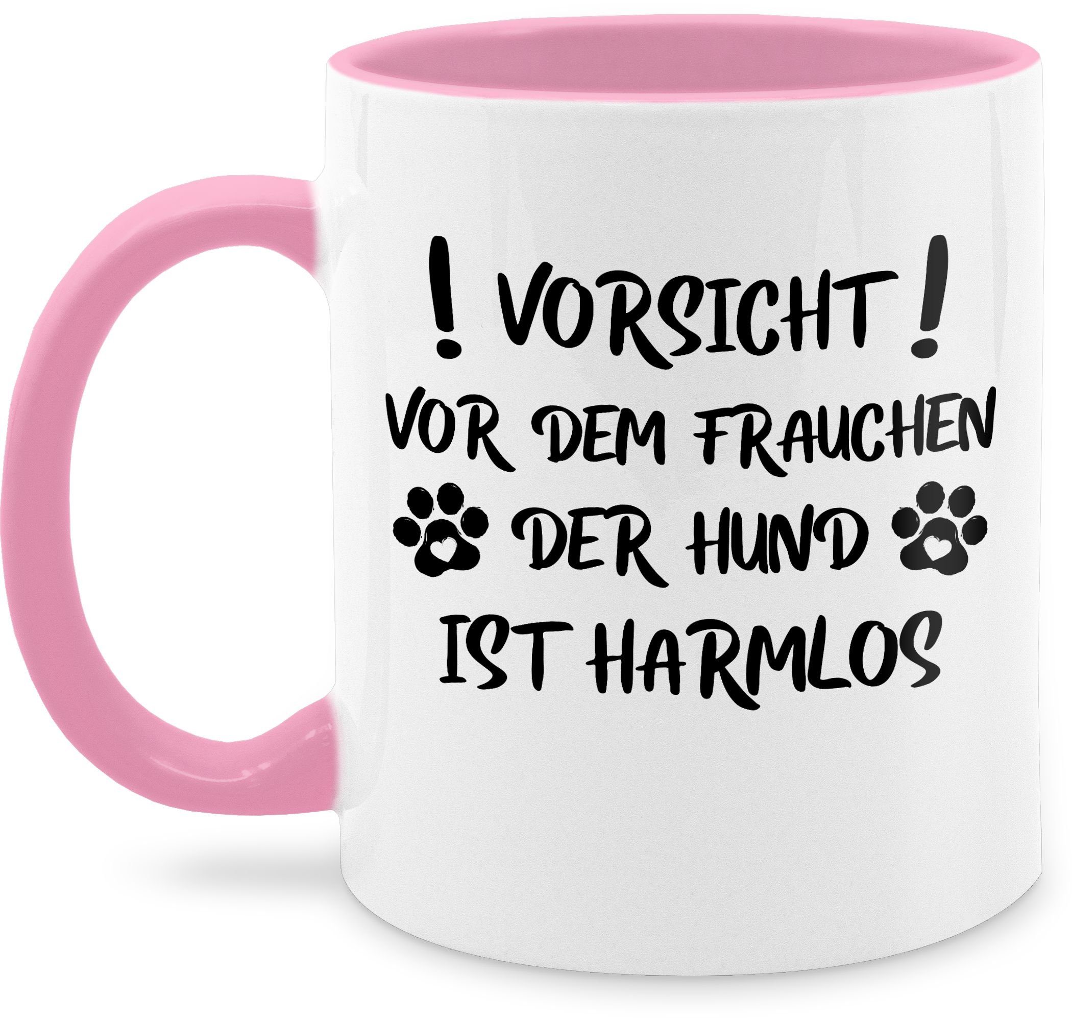 Shirtracer Tasse Vorsicht vor dem Frauchen der Hund ist harmlos - Pfoten - Schwarz, Keramik, Statement Sprüche 1 Rosa