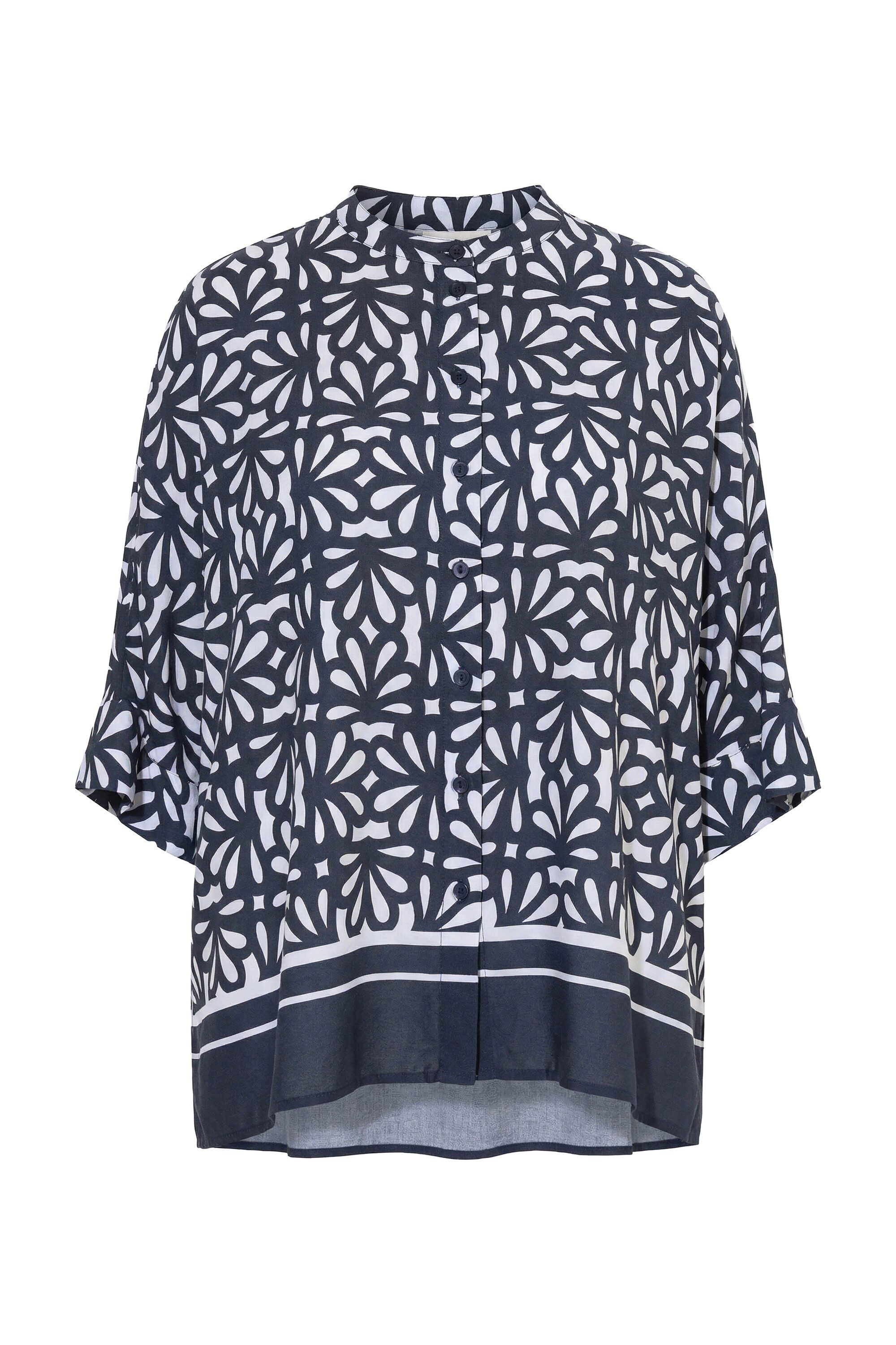 Ulla Popken Hemdbluse Bluse bedruckt Oversized Rundhals Halbarm