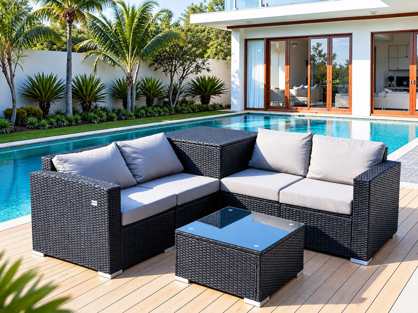 HOMAVO Gartenlounge-Set mit Beistelltisch, Aufbewahrungsbox & Abdeckung, (Set, 7-tlg, Gartenmöbel set 4 Personen)