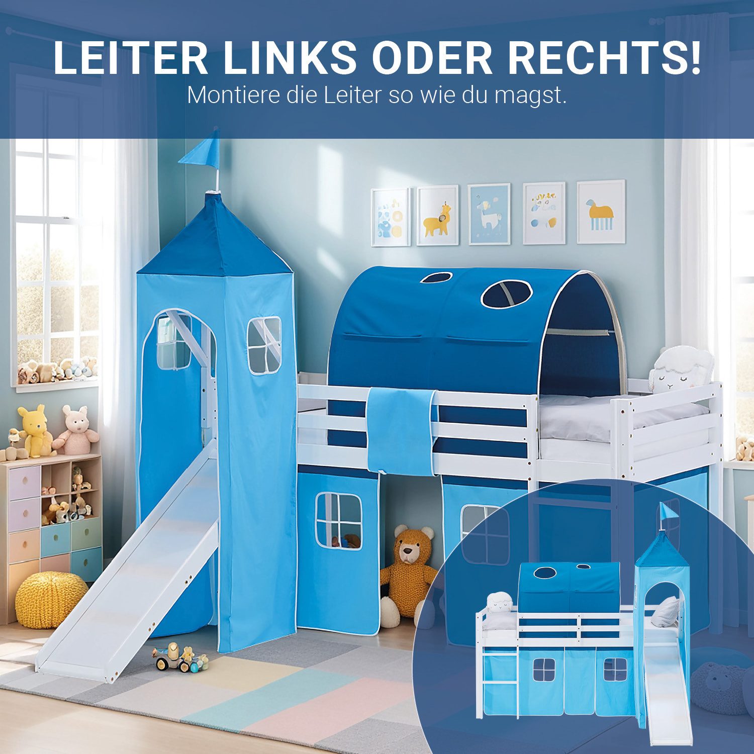 Homestyle4u Hochbett mit Rutsche 90x200 Kinderbett Jungen Kiefer Weiß Blau Treppe Vorhang (Set, mit Lattenrost, Rutsche, Tunnel und Turm) mit Rausfallschutz, Junge Spielbett
