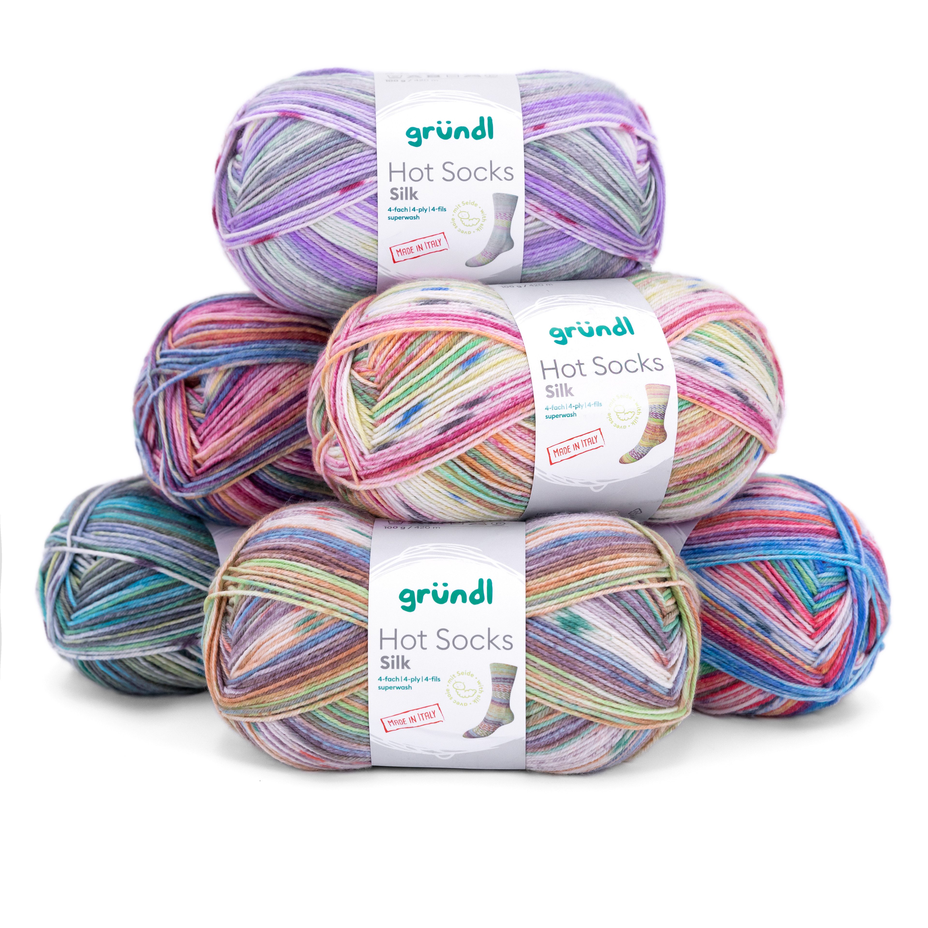 Gründl Hot Socks Sockenwolle 4fach, Paket 6x100g Sockengarn mit Farbverlauf Häkelwolle, (Spar-Set, mit Kaschmir oder mit Seide oder mit Alpaca)