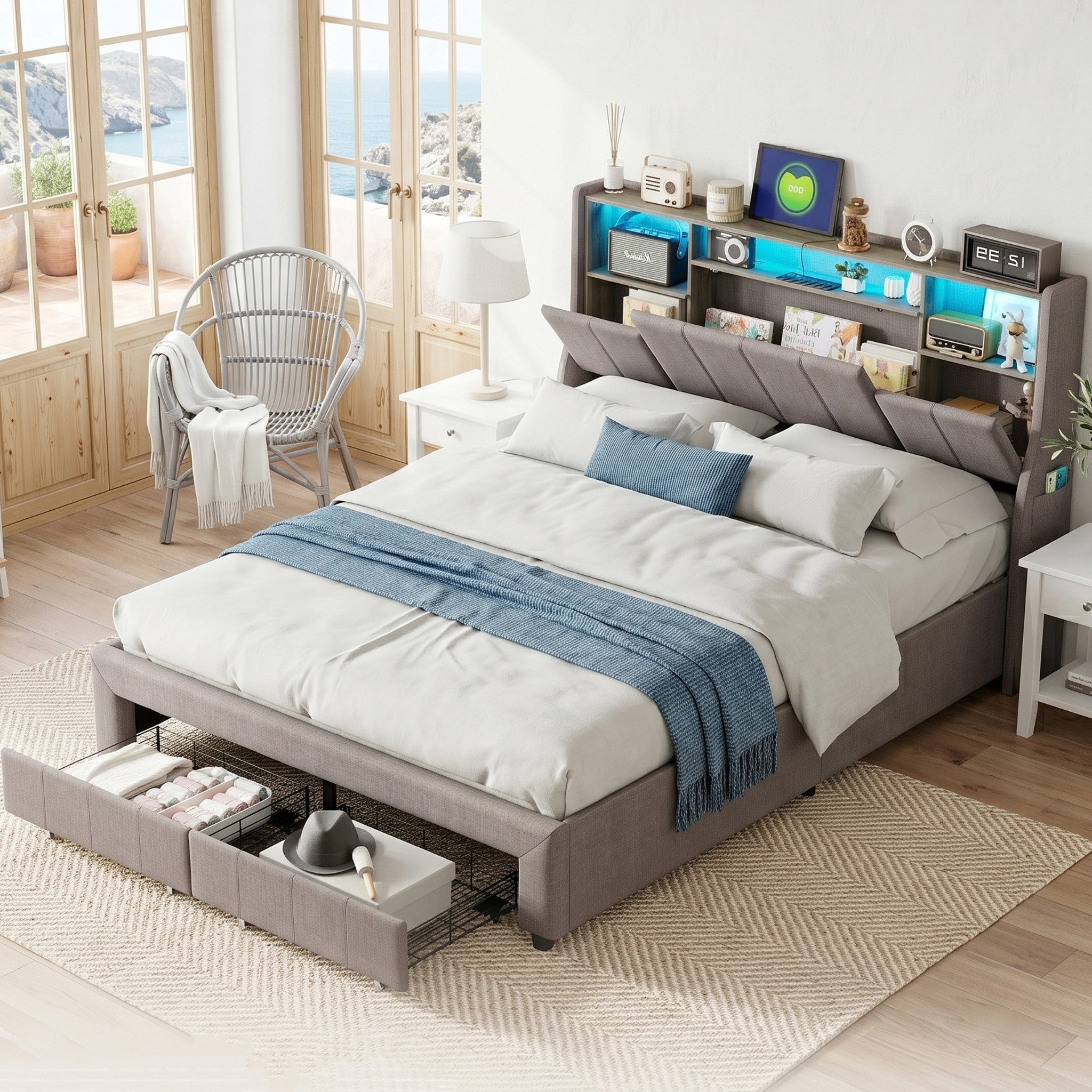 zebery Stauraumbett Polsterbett Doppelbett Mit 2 Schublade (Packung, 1-tlg., Kopfteil und Bettgestell), 140x200 cm,USB+Typ-C und 2 Steckdose,LED-Leuchten,Leinenstoff,Grau