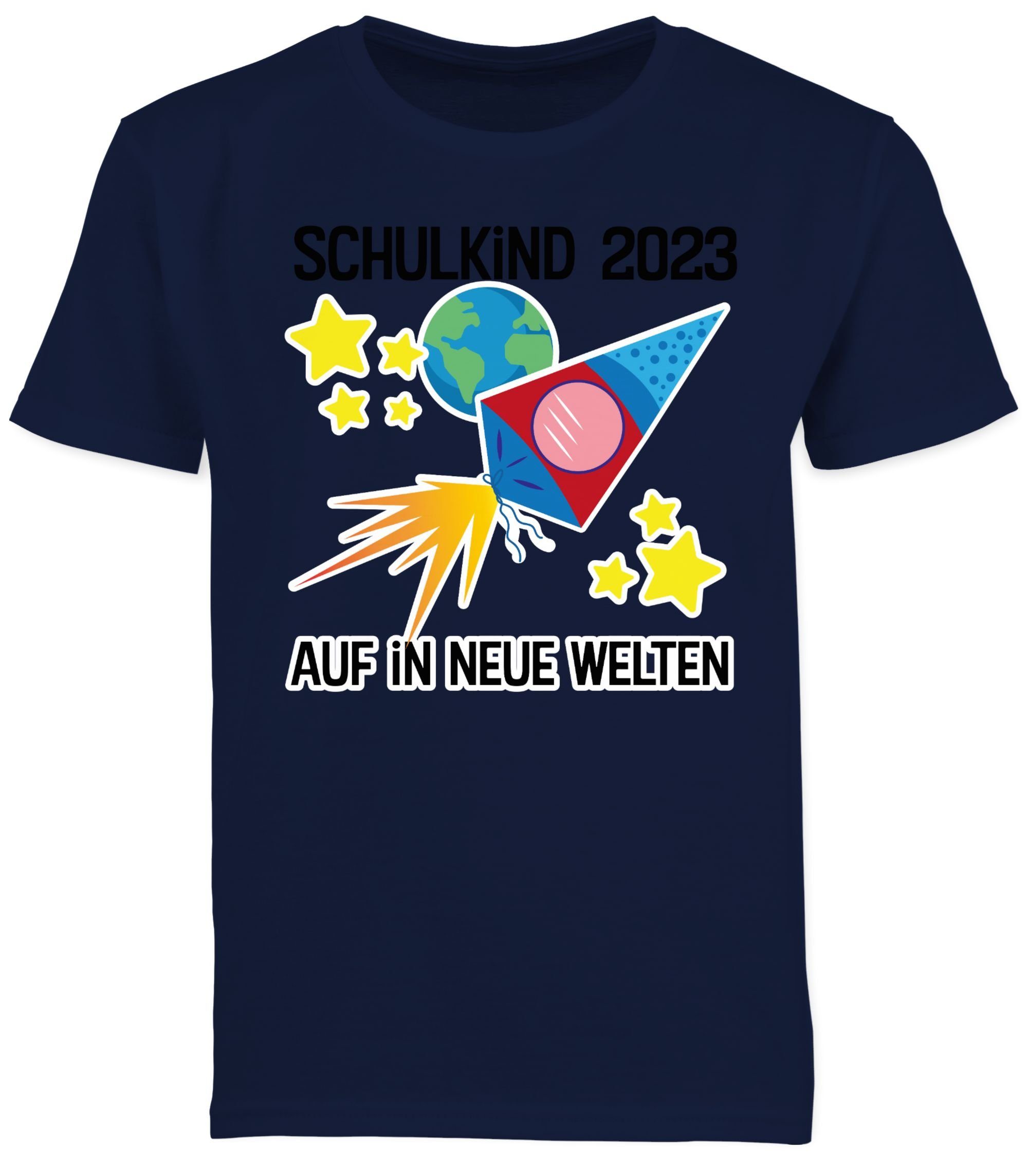 T-Shirt Dunkelblau 03 Shirtracer Welten in Schulanfang Geschenke Einschulung Schulkind neue Junge Auf 2023