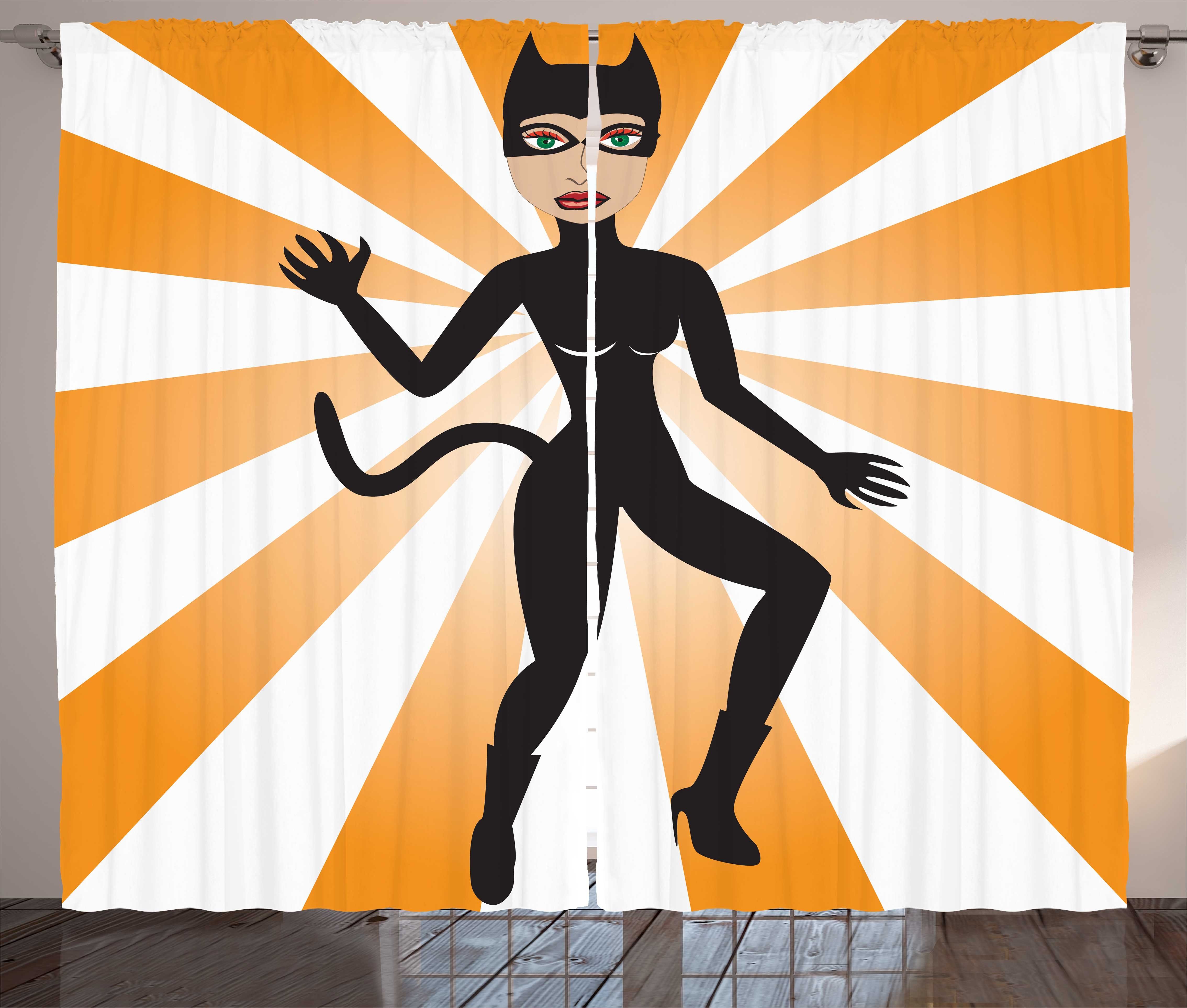 Kräuselband und Kostüm Orange Abakuhaus, Katzen-Frau Schwarz im Haken, Vorhang Gardine und mit Schlaufen Schlafzimmer Rays