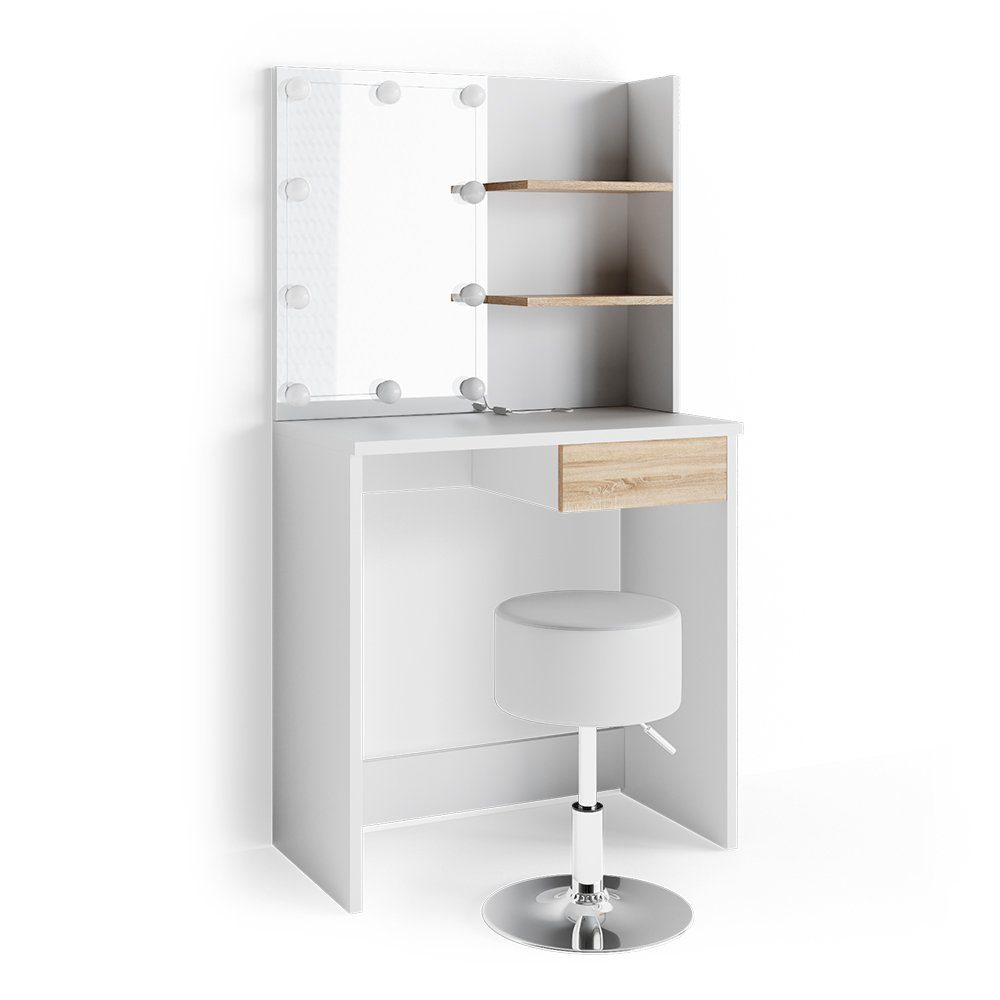 Vicco Schminktisch Dekos, Weiß/Sonoma, 75 cm mit LED Beleuchtung und Hocker