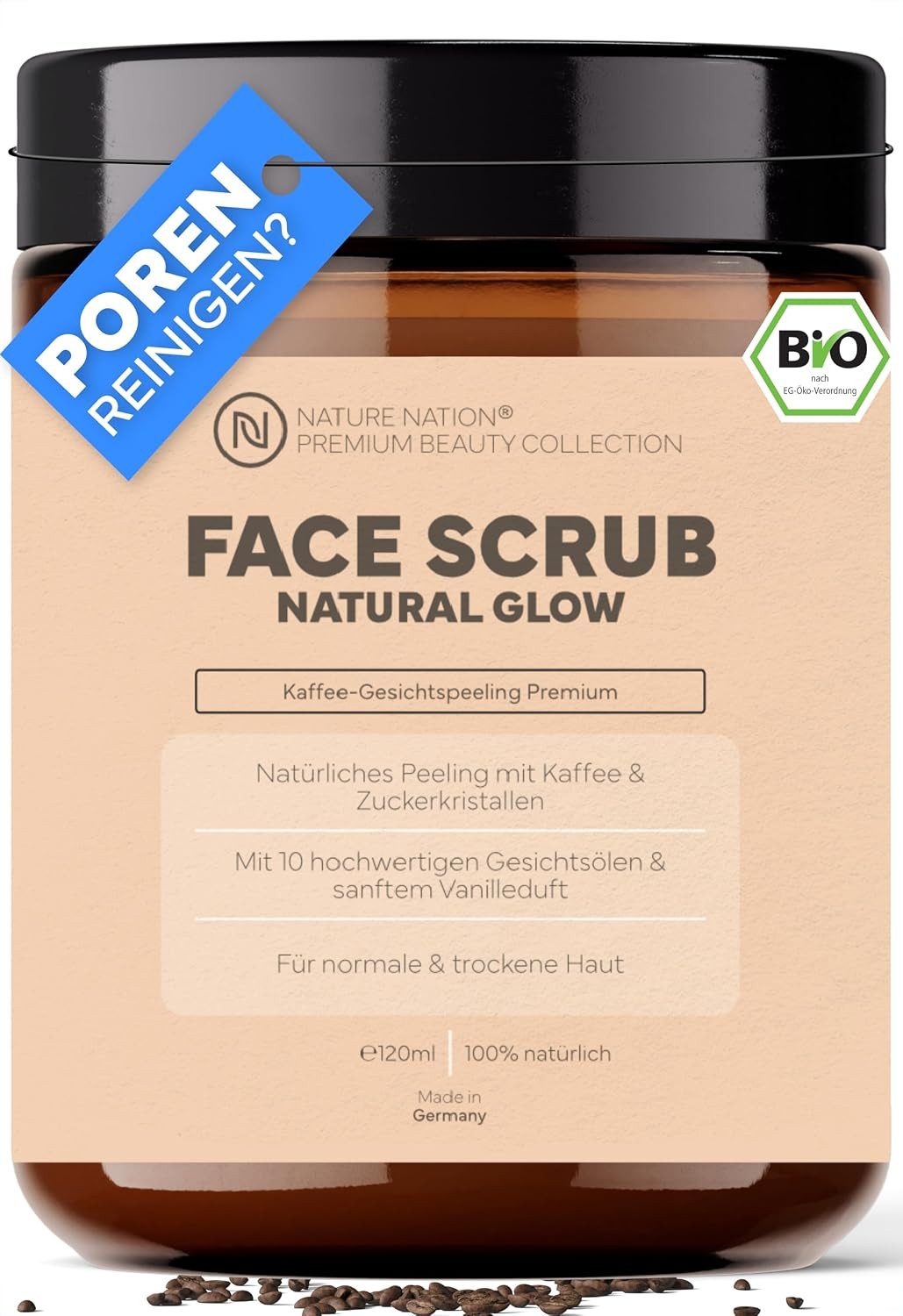 NATURE NATION Gesichtspeeling Face Scrub Peeling, mit Kaffee & Salicylsäure als Mitesserentferner, 1-tlg., 100% natürliches Kaffee-Peeling für glattere Haut