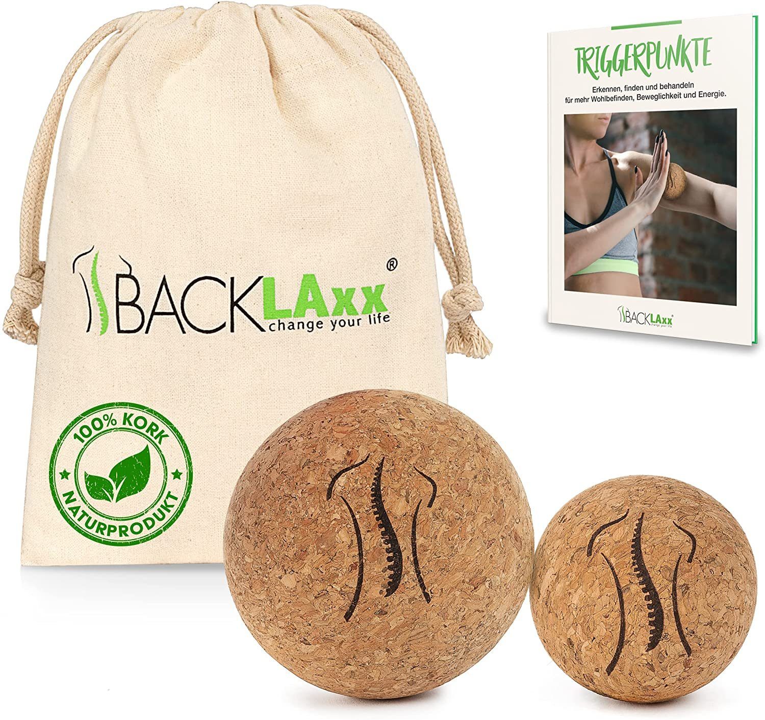 BACKLAxx® Massageball Faszienball aus 100% antibakteriellem Kork, 2-tlg., inkl. Baumwolltasche & Gratis E-Book, ideal zur Selbstmassage