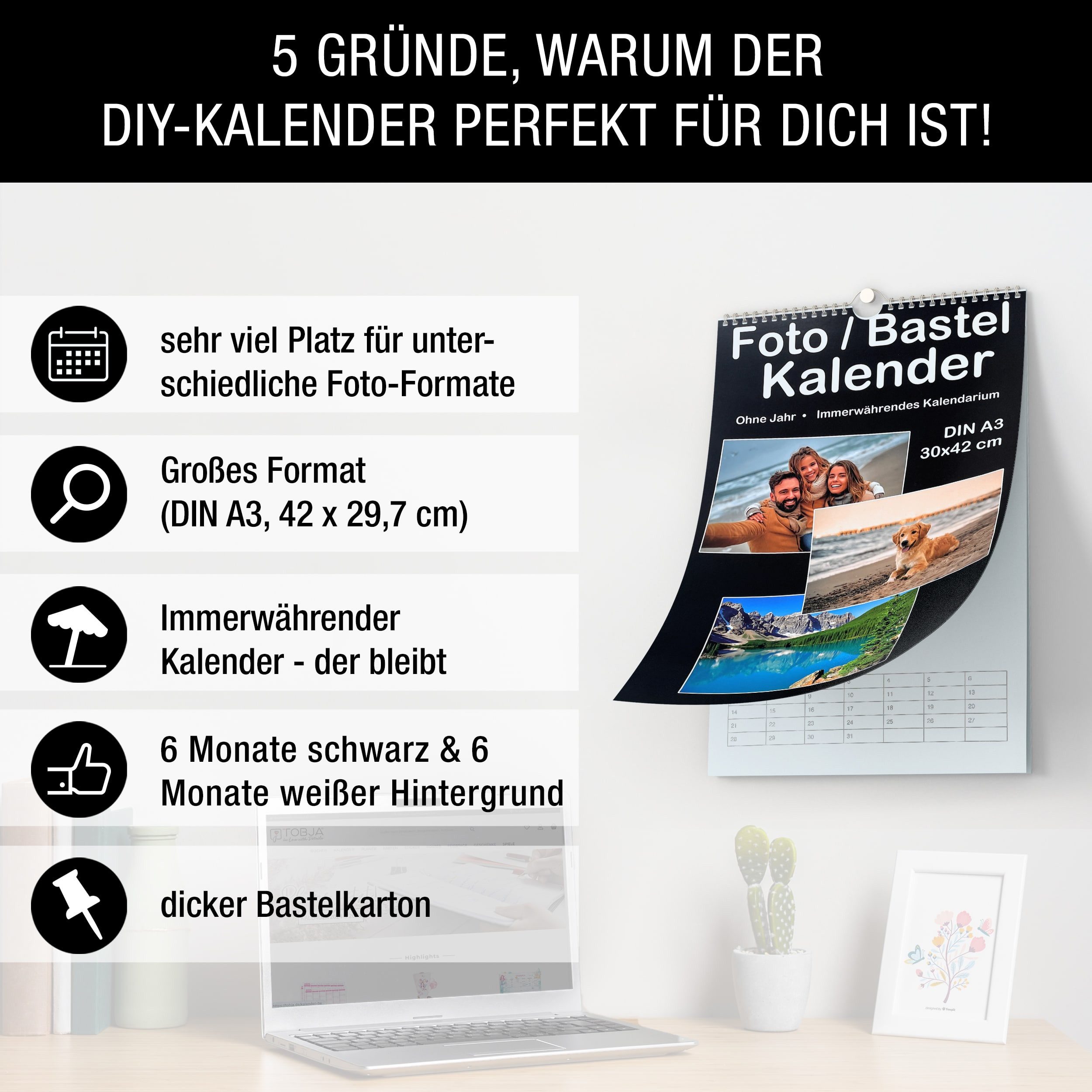 AMLI Kalender zum Selbstbasteln A3 Bastelkalender DIY Fotokalender immerwährend, Dauerkalender DIN A3 zum Selbstgestalten, Foto-Bastelkalender