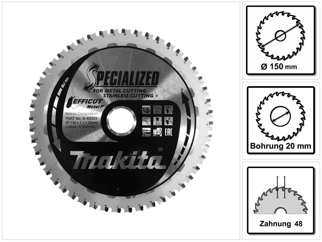 Makita Kreissägeblatt MCCS15048E SPECIALIZED EFFICUT Sägeblatt 150 x 20 x 1,1 mm