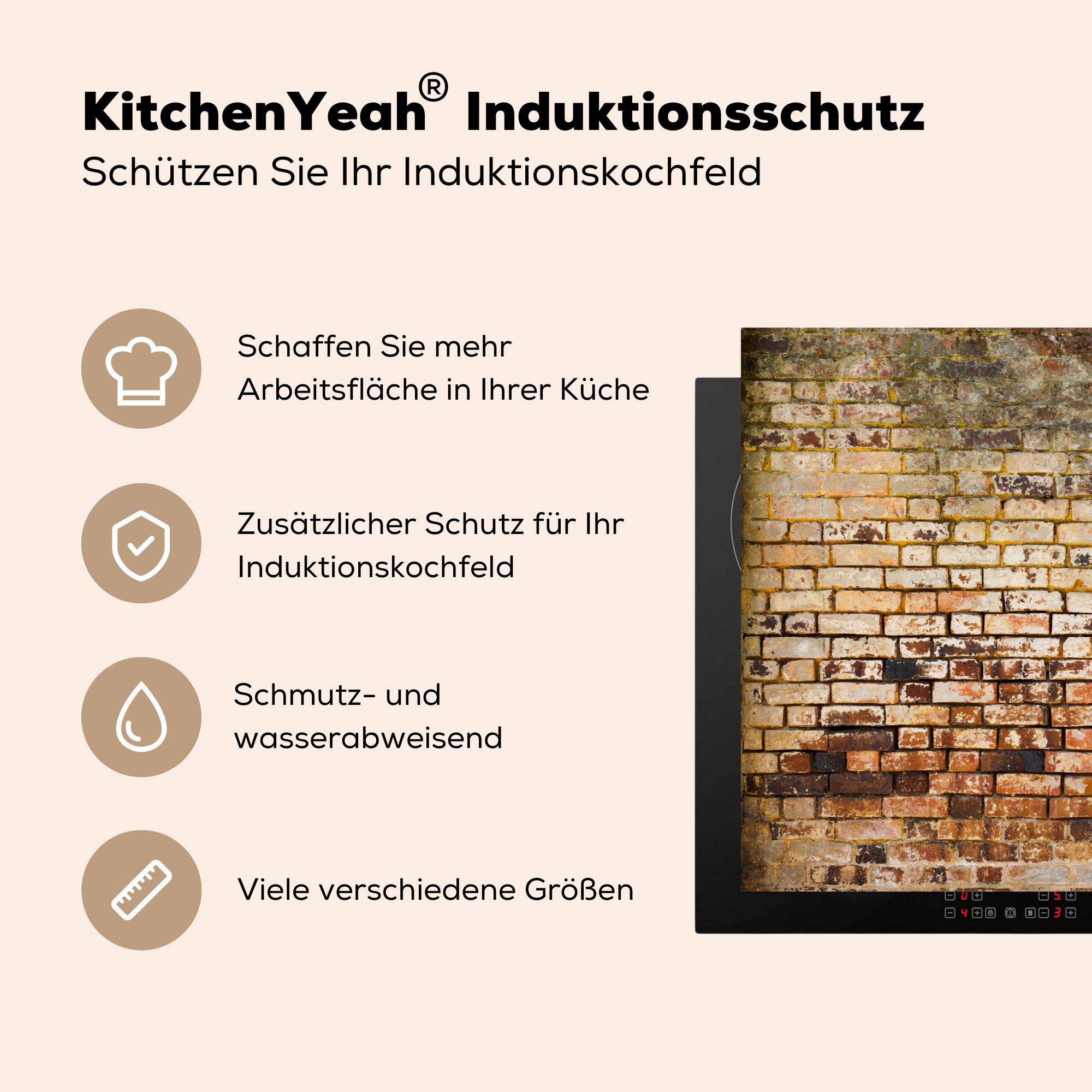 MuchoWow Herdblende-/Abdeckplatte Wand, (1 tlg), Ceranfeldabdeckung küche, 71x52 - Schutz cm, für Vinyl, Backstein die - Induktionskochfeld Abgenutzt