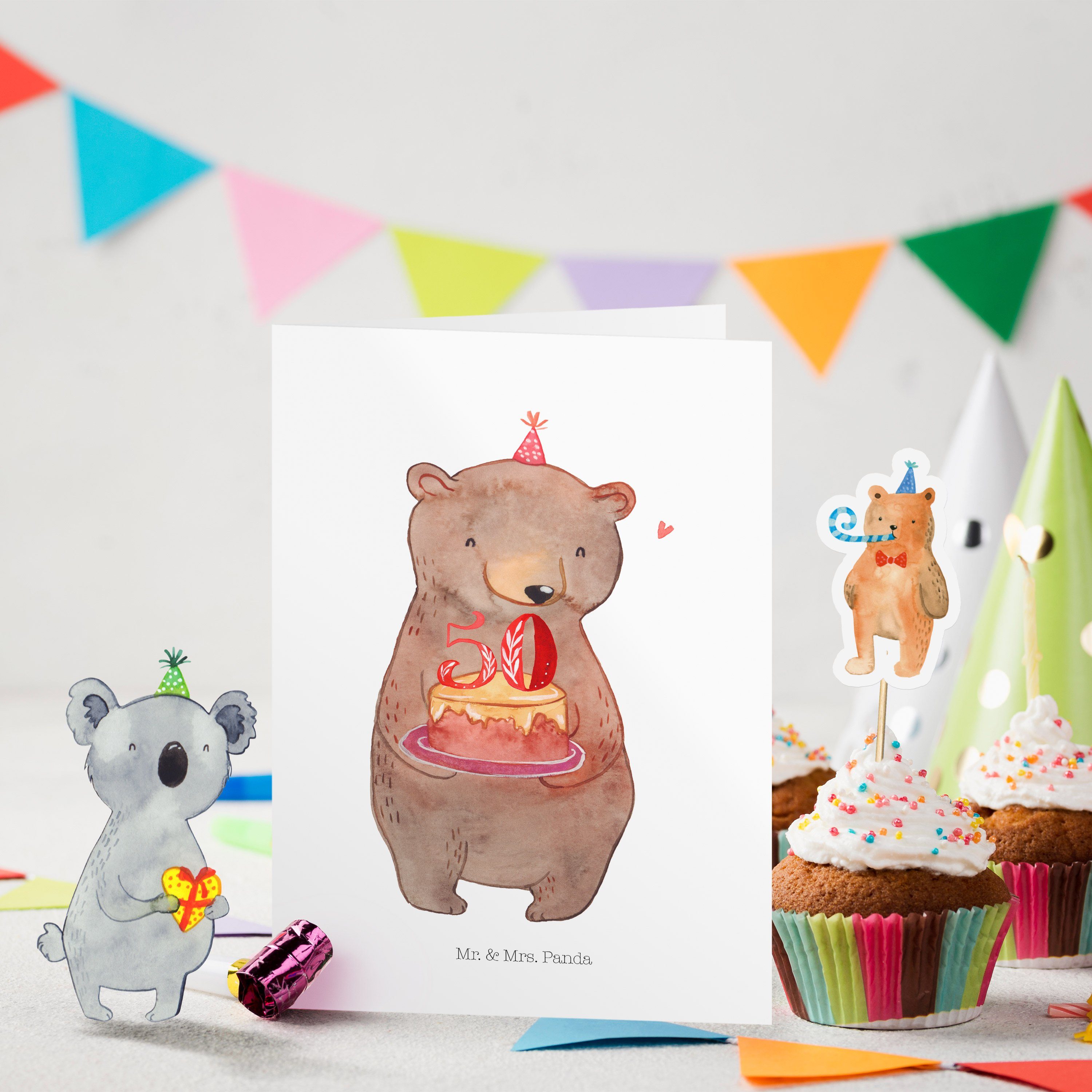 Klappk Mrs. Geburtstagskarten Mr. 50. - Grusskarte, Bär & Feier, Torte Geschenk, Weiß Panda - Geburtstag
