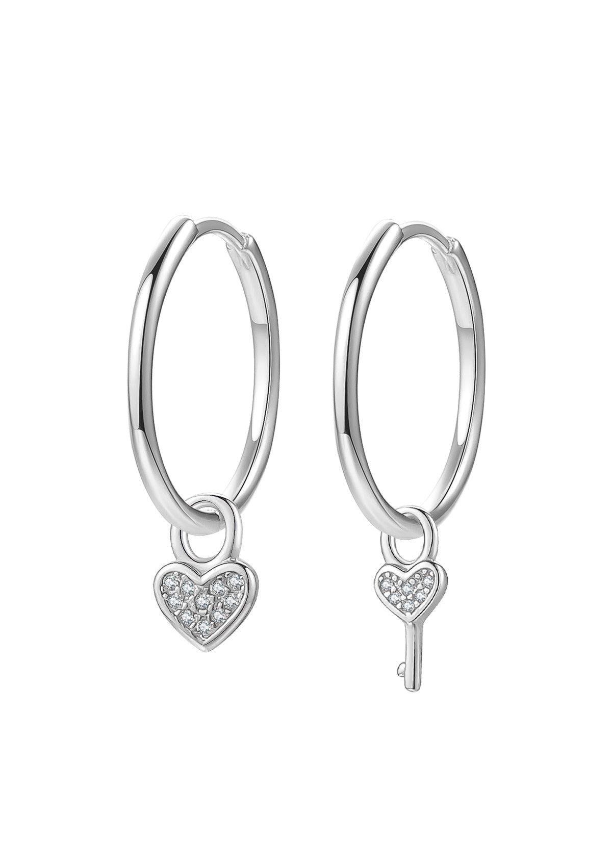 Paar Creolen 925 Sterling Silber Creolen mit Herz‑Schlüssel‑Charm