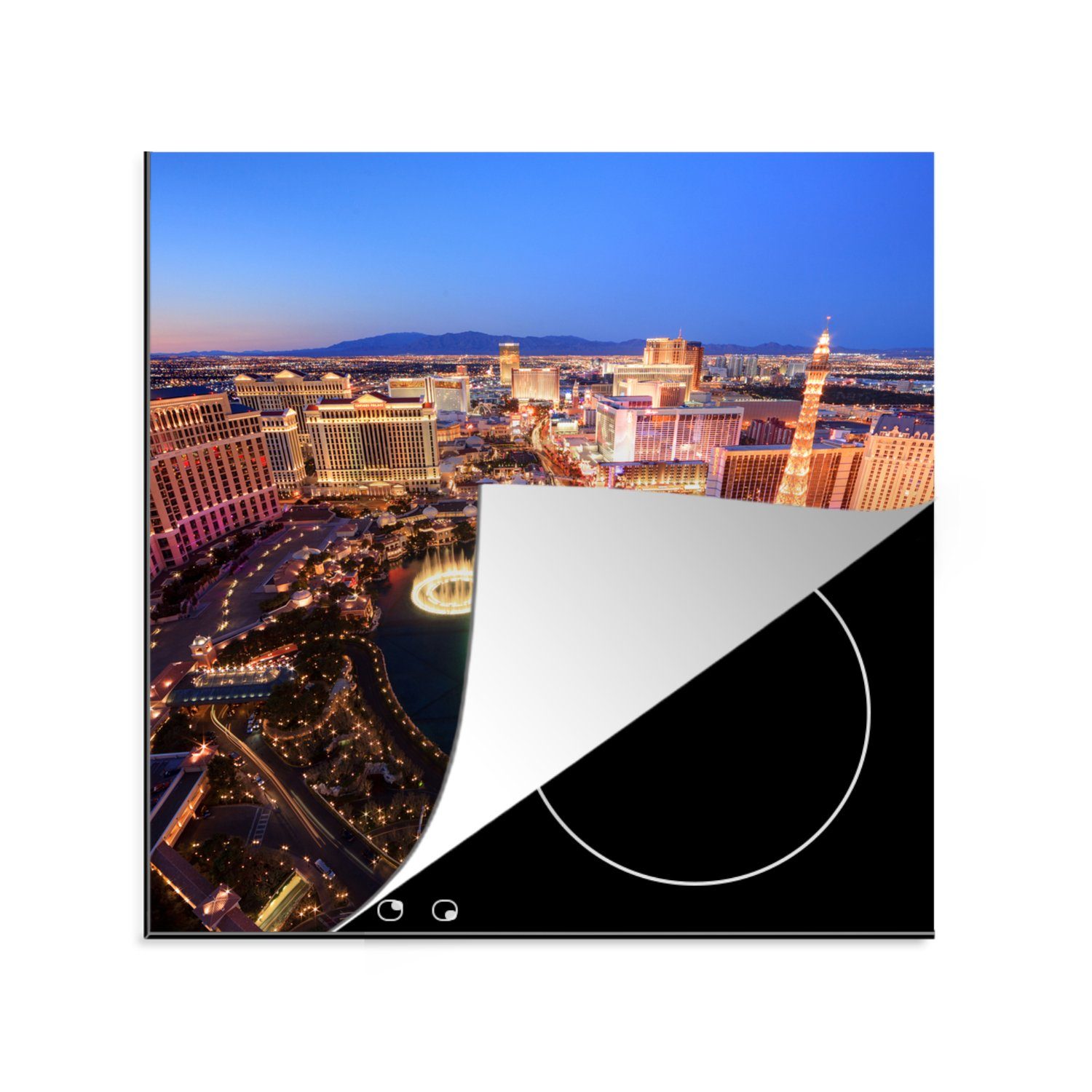 MuchoWow Herdblende-/Abdeckplatte Stadtbild von Las Vegas am Abend, Vinyl, (1 tlg), 78x78 cm, Ceranfeldabdeckung, Arbeitsplatte für küche