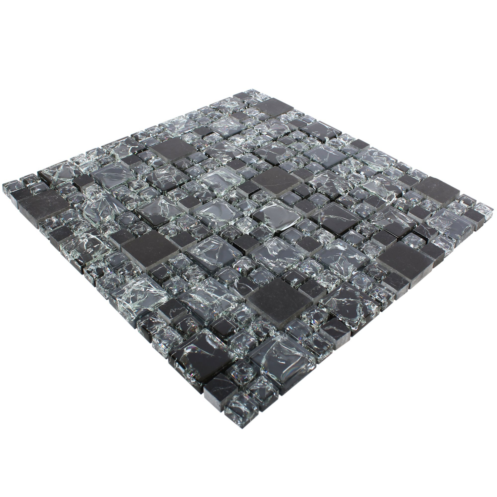 Mosafil Mosaikfliesen Glas Marmor Mosaikfliesen Malawi Bruchglas 2 Mix, Naturstein-Glas-Marmor 30.500x30.500, schwarz, Verlegefertig auf ein Netz geklebt - Frostsicher - Wasserfest