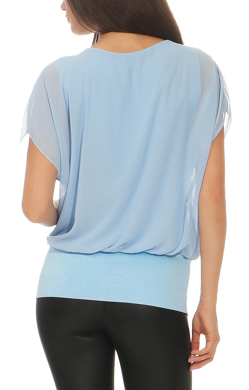 malito more than fashion Chiffonbluse malito Damen kurzarm Bluse im Fledermaus Look, Tunika mit Zipper, Kurzarm Bluse