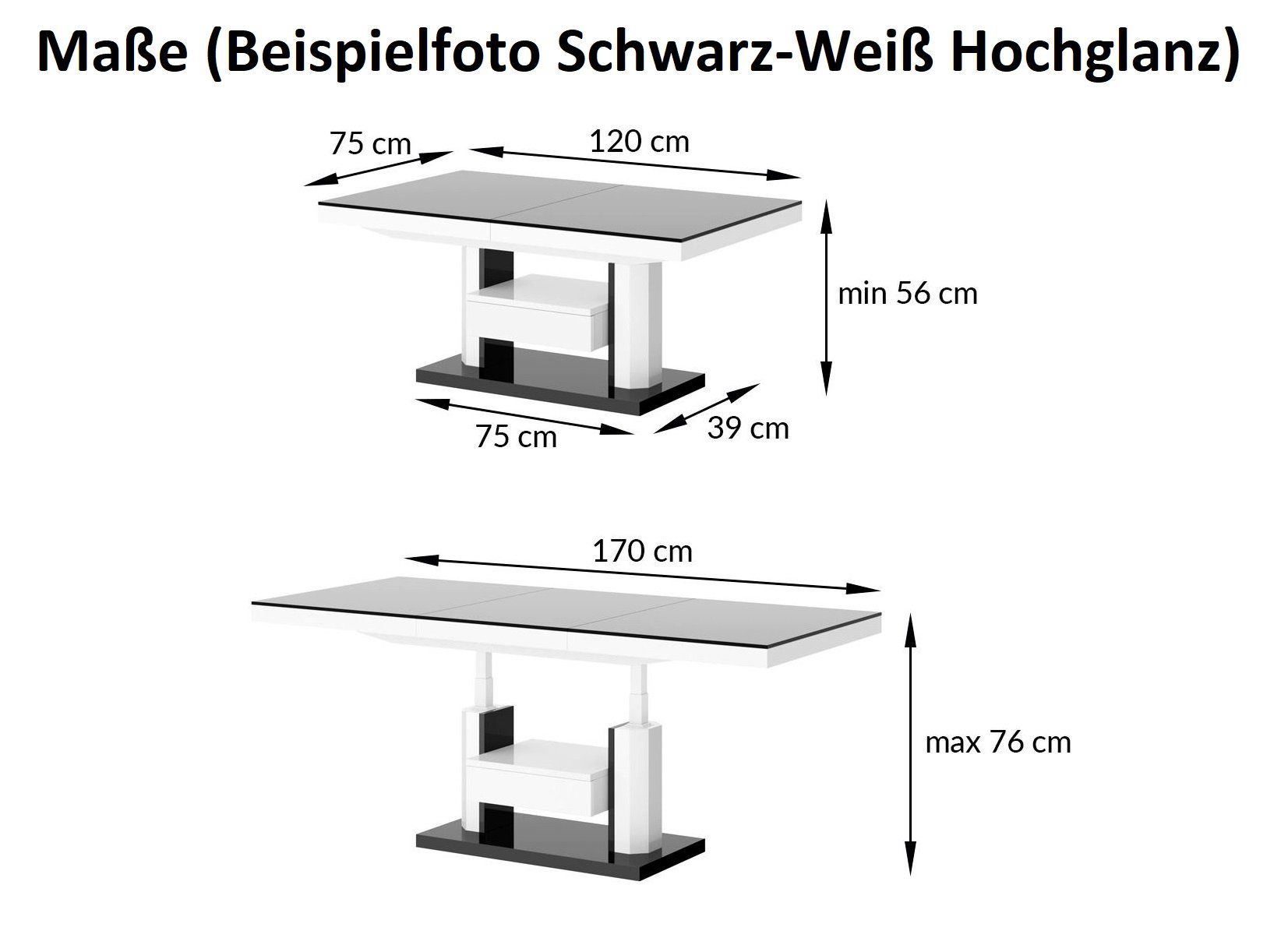 designimpex Marmoroptik Hochglanz ausziehbar - HM-120 Weiß Hochglanz Couchtisch stufenlos höhenverstellbar Design Tisch Hochglanz