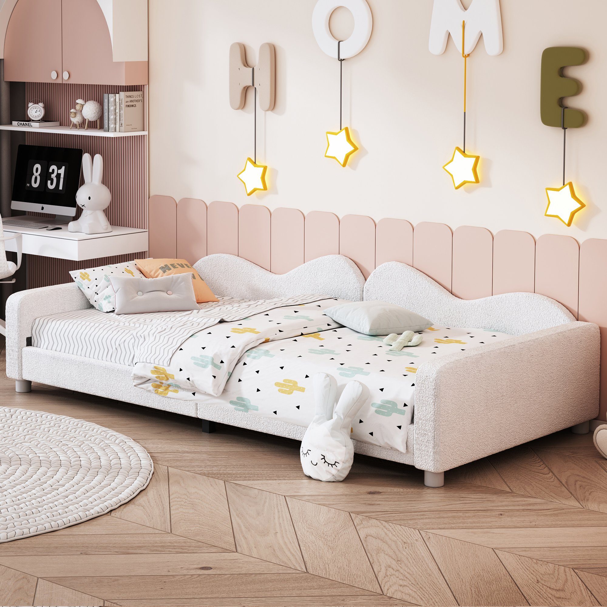 Polsterbett, Kinderbett Schlafsofa mit Lattenrost 90x200cm, Teddystoff
