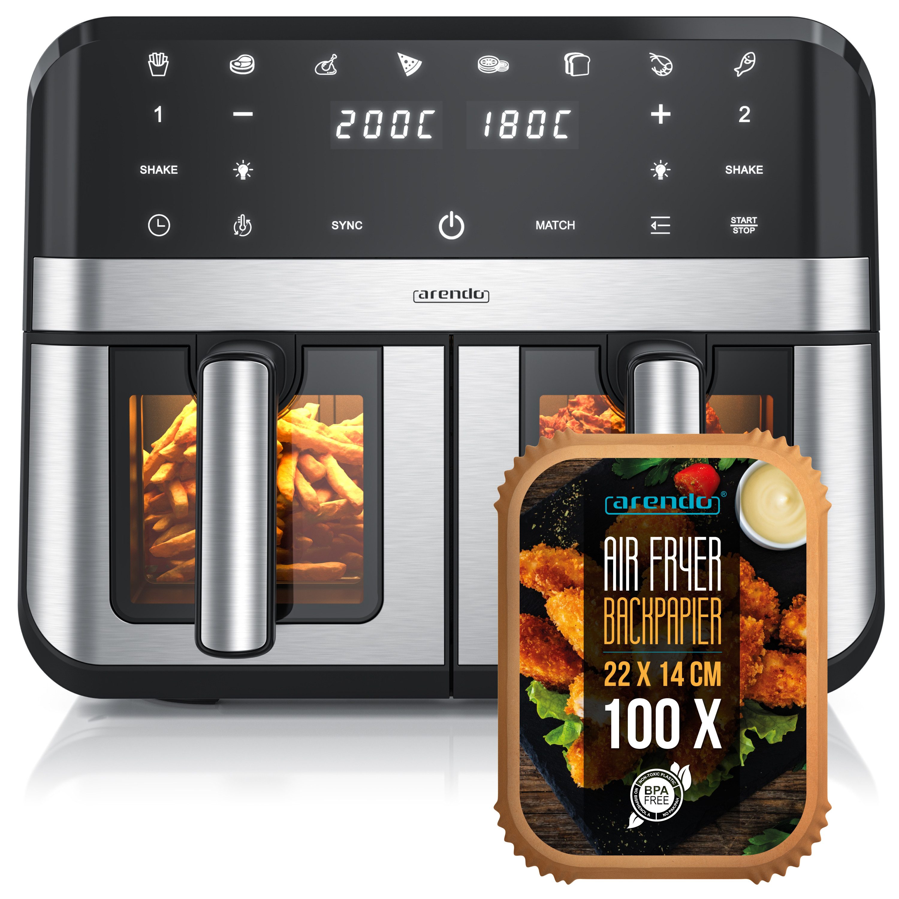 Arendo Heißluftfritteuse XXL Doppelkammer Airfryer 9L mit Backpapier & Zubehör, Dual Zone, 2400 W, Sichtfenster mit Beleuchtung, Umluftsystem, fettarmes gesundes Kochen