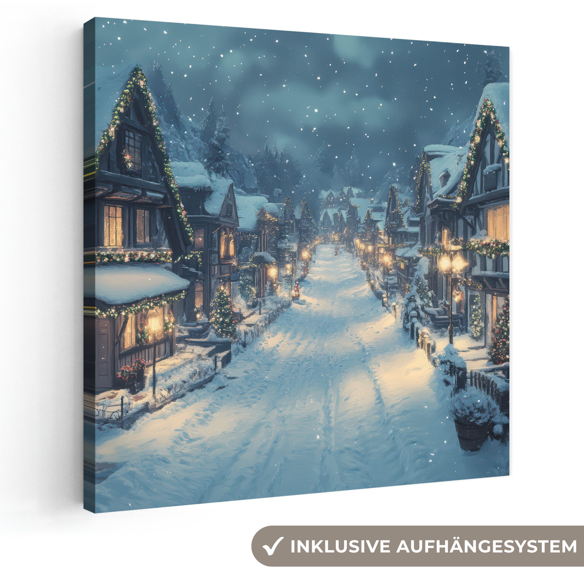 OneMillionCanvasses® Leinwandbild Weihnachtsdorf - Weihnachten - Schnee - Winter, Fotodruck (1 St), Wandbild, Deko Schlafzimmer Wohnzimmer Flur 20x20 cm