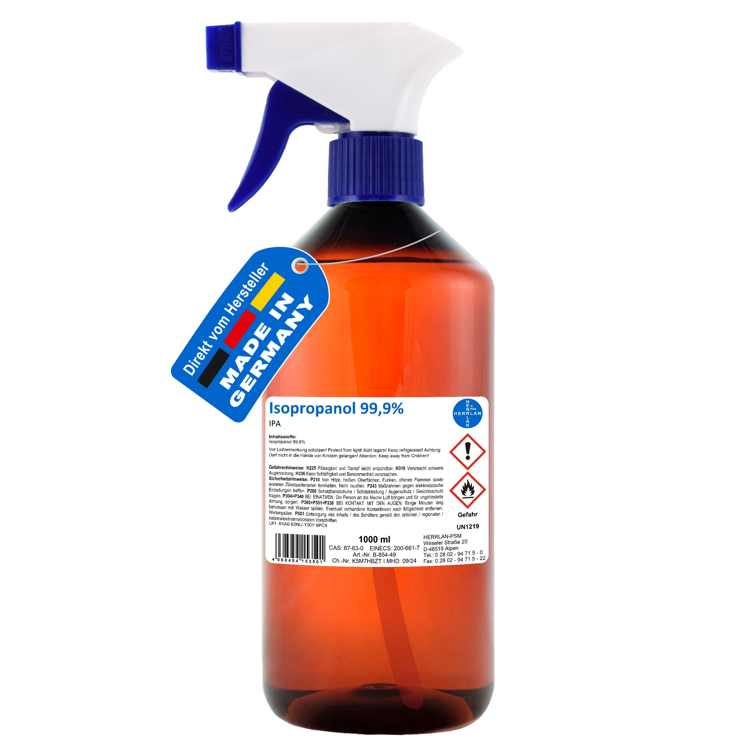 HERRLAN Isopropanol 99,9% Reinigungsalkohol (1000 ml Sprühflasche, [- Fettlöser & Lösungsmittel Qualität Made in Germany)