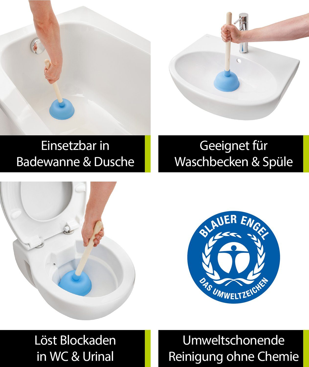 Holzstiel), Waschbecken L: mit tlg., für WC, cm, Urinal, Abflussreiniger, und Dusche, (1 aquaSu 41.5 Blau, 250818 Wanne, Pümpel