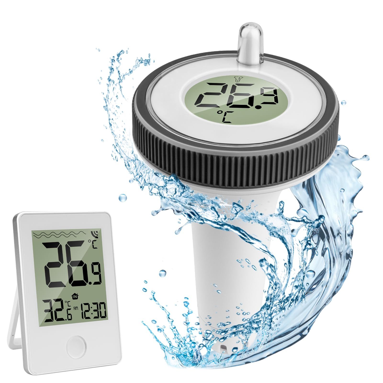 Toomoke Schwimmthermometer Schwimmthermometer Poolthermometer mit Schwimmer, Funkuhr, Einzelgerät (1x Inneneinheit, 1x schwimmender Sensor, 1x Anleitung), Pool Thermometer Funk Digitales Schwimmend Thermometer Innen Außen