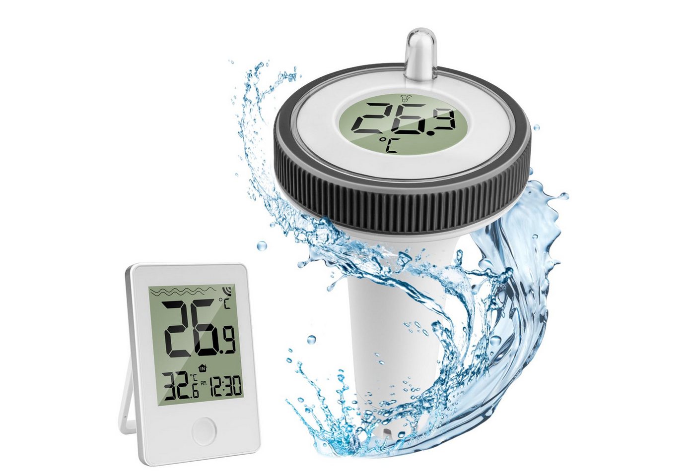 Toomoke Schwimmthermometer Schwimmthermometer Poolthermometer mit Schwimmer, Funkuhr, Einzelgerät (1x Inneneinheit, 1x schwimmender Sensor, 1x Anleitung), Pool Thermometer Funk Digitales Schwimmend Thermometer Innen Außen