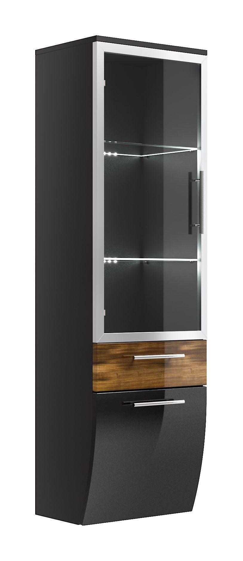 Magnolia Home Badmöbel-Set Hochschrank Salona 135 cm mit Glastür Walnuss hochglanz/Grafit hochgla, Soft-Close