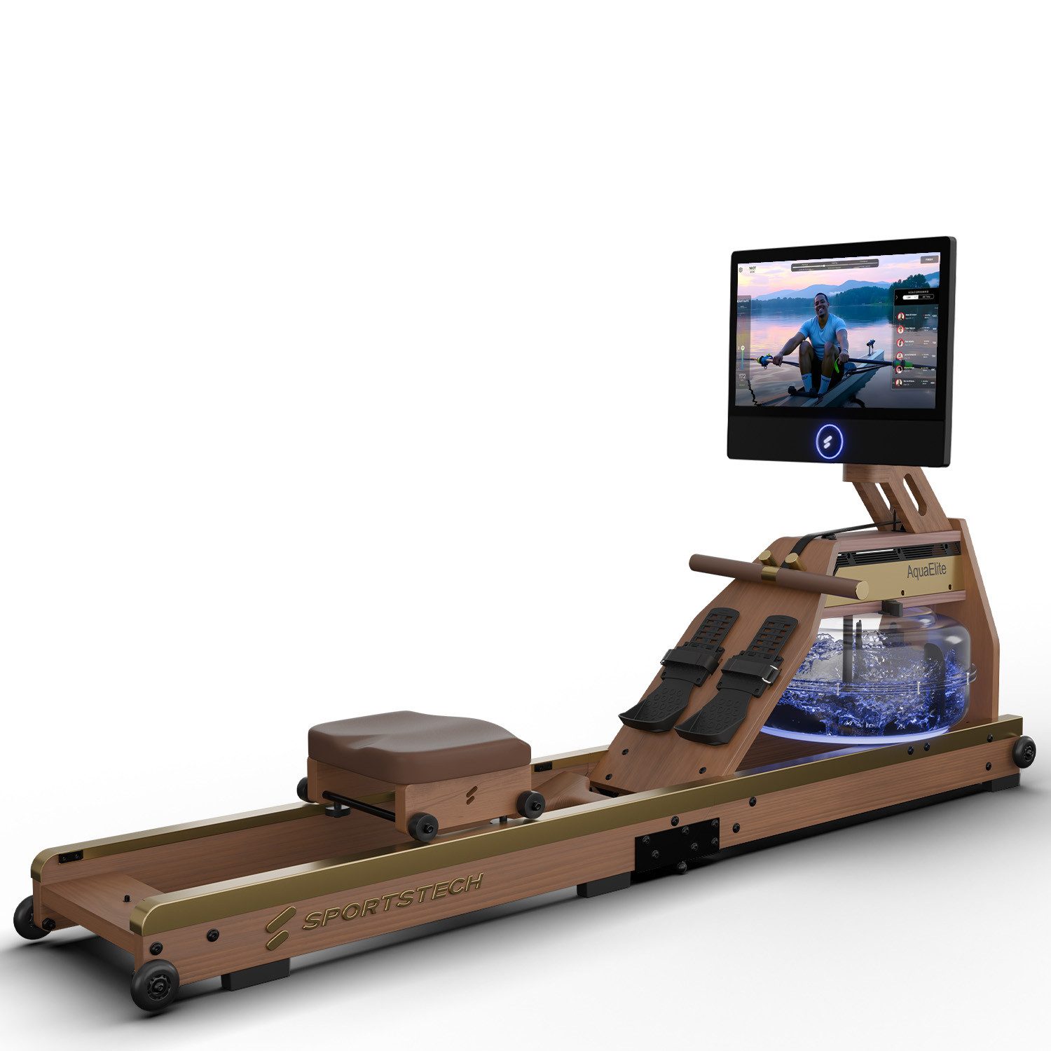 Sportstech Rudergerät AquaElite Wasserrudergerät, LED, App-Konnektivität, klappbar, Natur Massivholz, bis 120kg