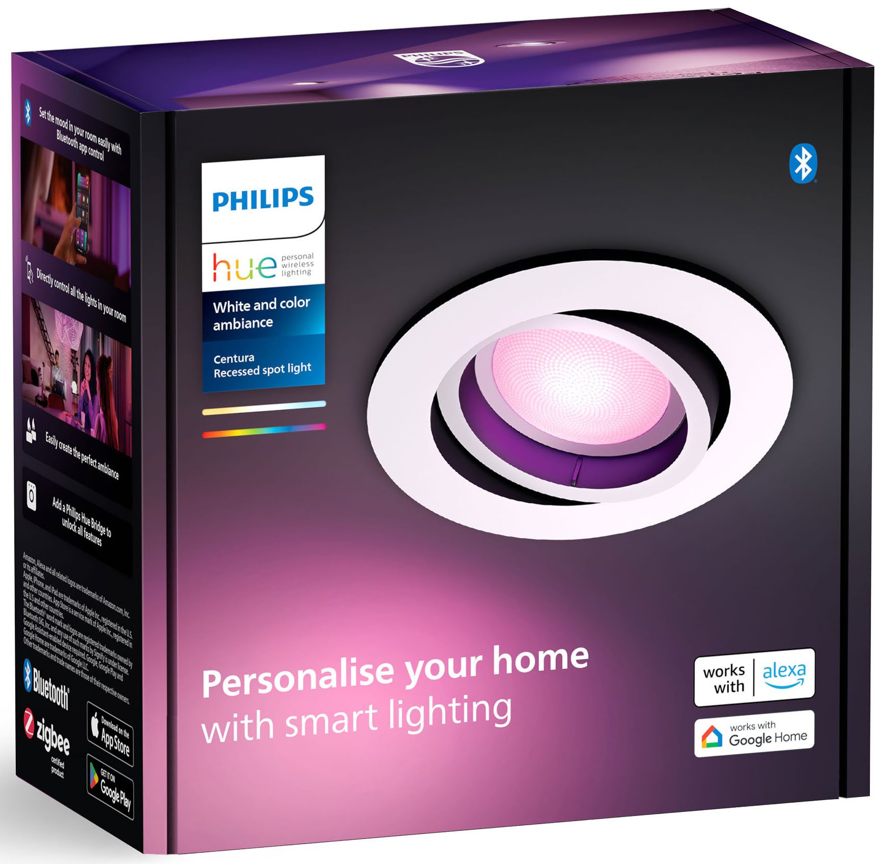Philips Hue LED Einbauleuchte White & Color Ambiance Centura Einbauspot rund, Abschaltautomatik, Bluetooth, CCT - über Fernbedienung, Dimmfunktion, Farbsteuerung, Farbwechsel, Leuchtdauer einstellbar, Memoryfunktion, Nachtlichtfunktion, RGB, Smart Home, Timerfunktion, dimmbar über Fernbedienung, erweiterbar, mehrere Helligkeitsstufen, LED wechselbar, RGB