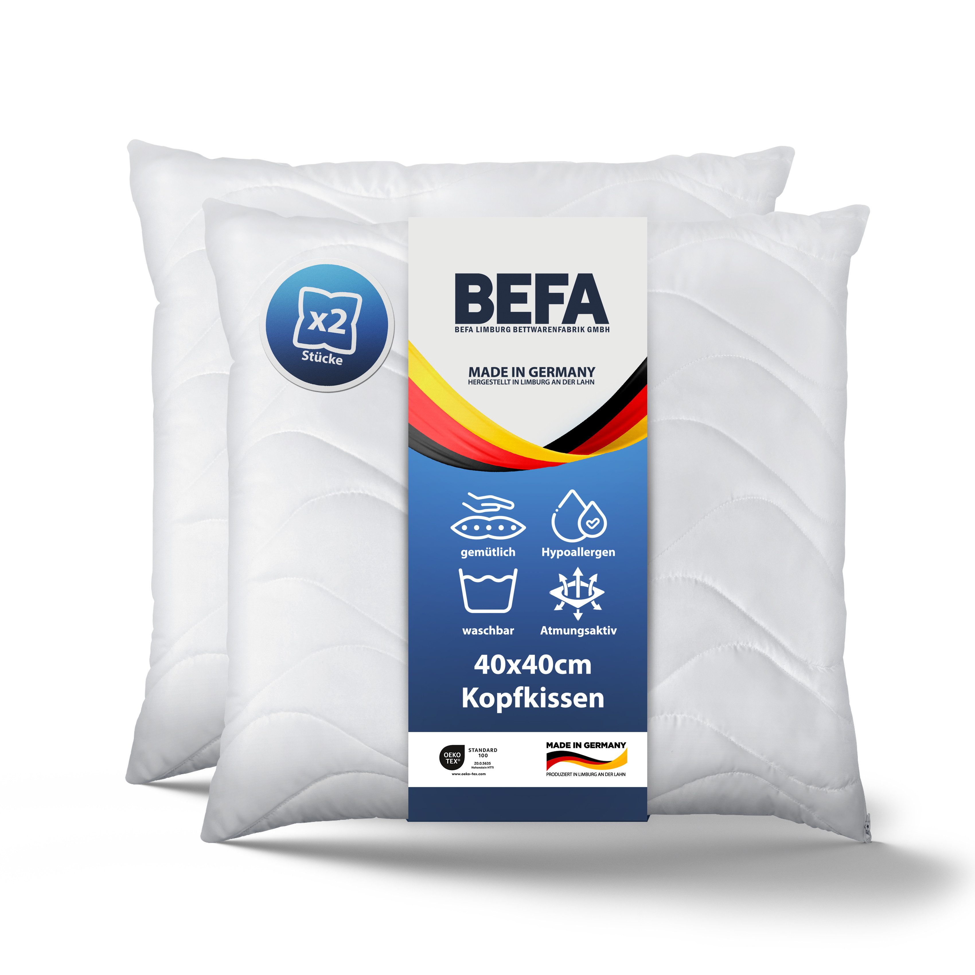 BEFA CARE Microfaserkissen mit Aloe Vera, Füllung: Mikrofaser, Bezug: Mikrofaser mit Aloe Vera, Seitenschläfer, Rückenschläfer, Bauchschläfer, Spar-Set, 2tlg, Made in Germany – Schlafkomfort für Allergiker – Mikrofaser Kissen