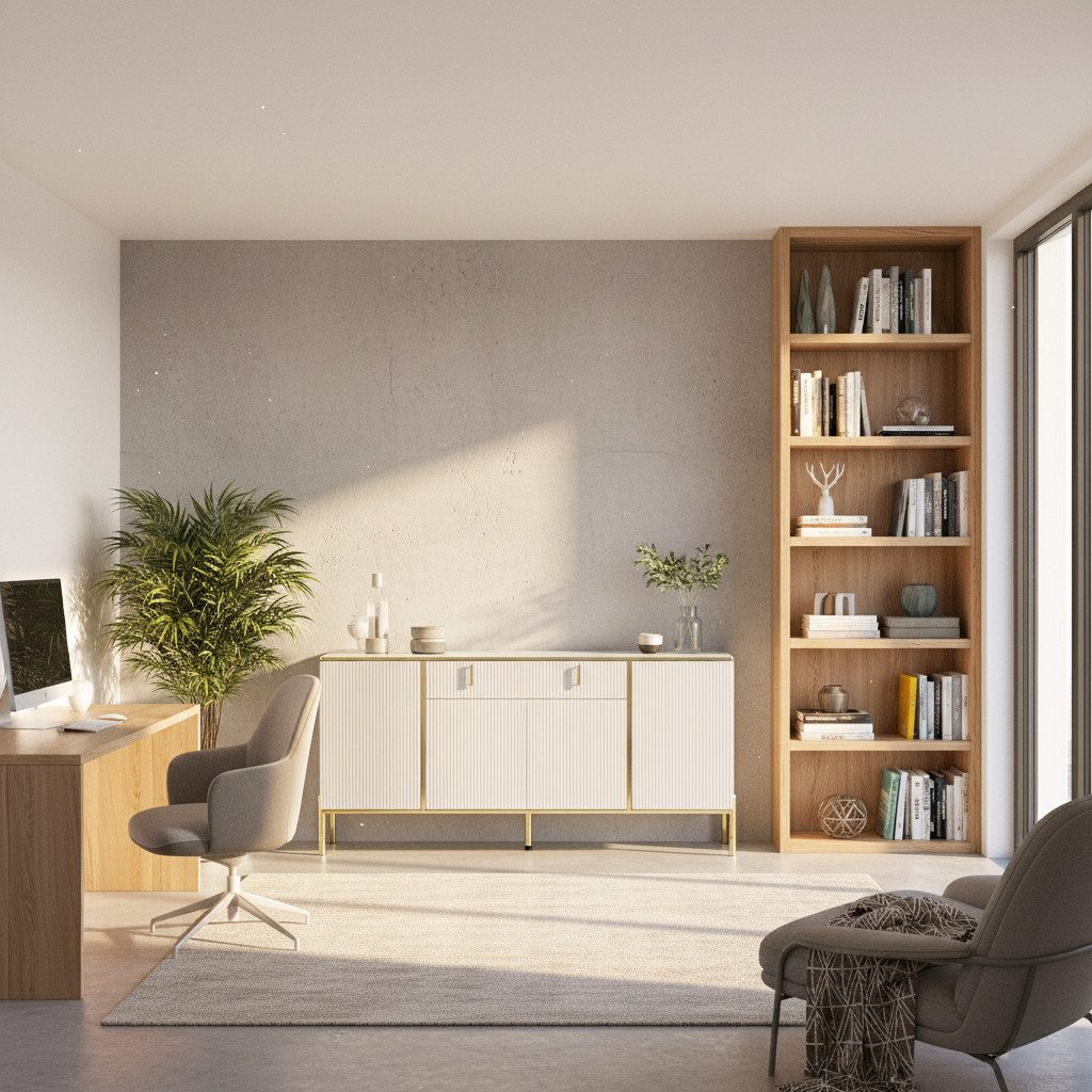 HOMSEE Sideboard mit 4 Türen und 1 Schublade, 160x40x80 cm, Aufbewahrungsschrank (1 St), Wohnzimmerschrank, Fluted Design, Goldene Metallbeine